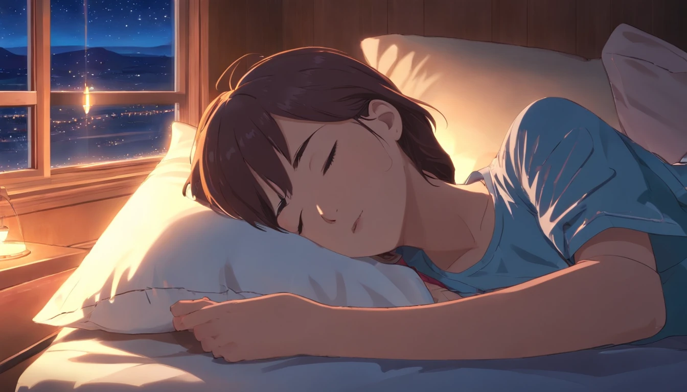 Beautiful Woman,((24yo)),moonlit glow,at night,Sleeping,((Sleeping)),bed,By the window,Closing your eyes,Closed eyes,Sleeping,