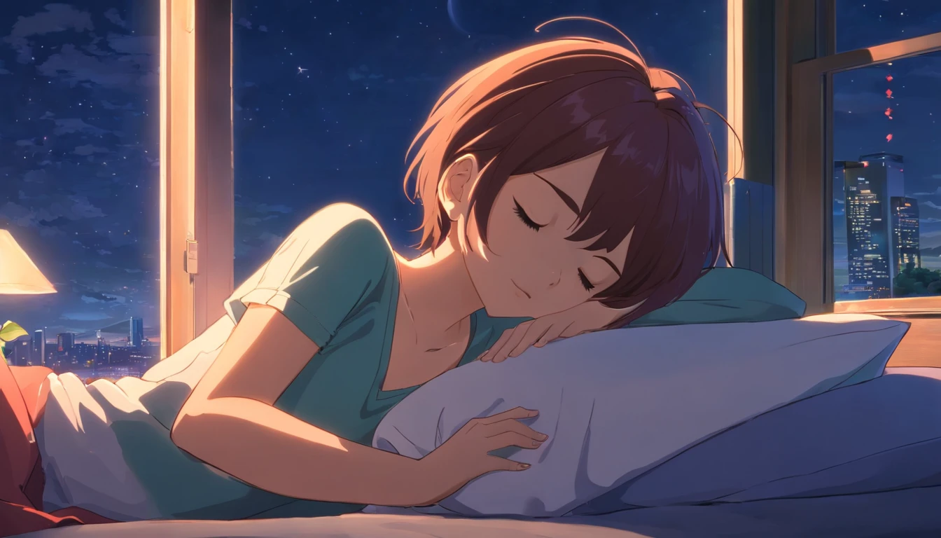 Beautiful Woman,((24yo)),moonlit glow,at night,Sleeping,((Sleeping)),bed,By the window,Closing your eyes,Closed eyes,Sleeping,