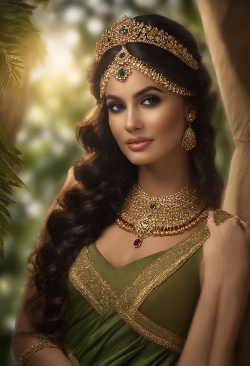 A very beautiful female goddess. In a green saree embroidered with pearls and wearing a crown on her head. He is wearing golden hair on his neck. Or maybe she is also wearing jewellery. She is wearing a nose ring. Or she has earrings on her forehead. There are eyes on me. I have roses in my hands.
