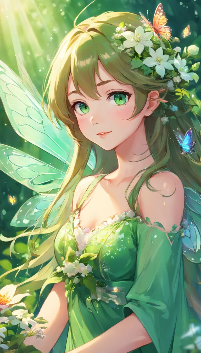 Eine Zeichnung einer erwachsnenen Fee mit einer Rose in der Hand, Studie einer Blumenfee, Feenästhetik, Weltraumblume Fee, Faerie, Portrait of a fairy, Portrait of the Fairy, Smiling like a queen of fairies, Queen of the Fairies, Beautiful Fairy, The Non-Binary Deity of Spring, Feenkönigin, Elf girl wearing a flower suit, feenhaft lange braune haare, Ultra-detailed emerald green eyes, volle Lippen, medium breast The picture shows a beautiful flower fairy, umgeben von vielen verschiedenen Blumen. The flowers are about the size of butterflies and surround the fairy like a living carpet of flowers. The fairy herself is a beautiful girl with a slender figure. On her back she has transparent, shiny and beautiful wings, die an einen Schmetterling erinnern. The fairy carries a bouquet of flowers in her hands and sits on a large flower, fliegen leuchtende Schuppen in der Luft herum. Der Hintergrund des Bildes ist sehr detailliert und realistisch gestaltet. Es gibt viele kleine Details wie Grashalme, Petals and even single raindrops on the flowers. Die Haut der Fee ist super detailliert und hat einen leichten Glanz. The overall image style is slightly grainy, um einen filmischen Effekt zu erzeugen. Es gibt einen leichten Blendenfleck, which makes the picture look even more magical. The shadows in the picture are also cinematic and create a wonderful atmosphere. Ich hoffe, diese Beschreibung hilft dir dabei, Imagine the image you want in anime art style.