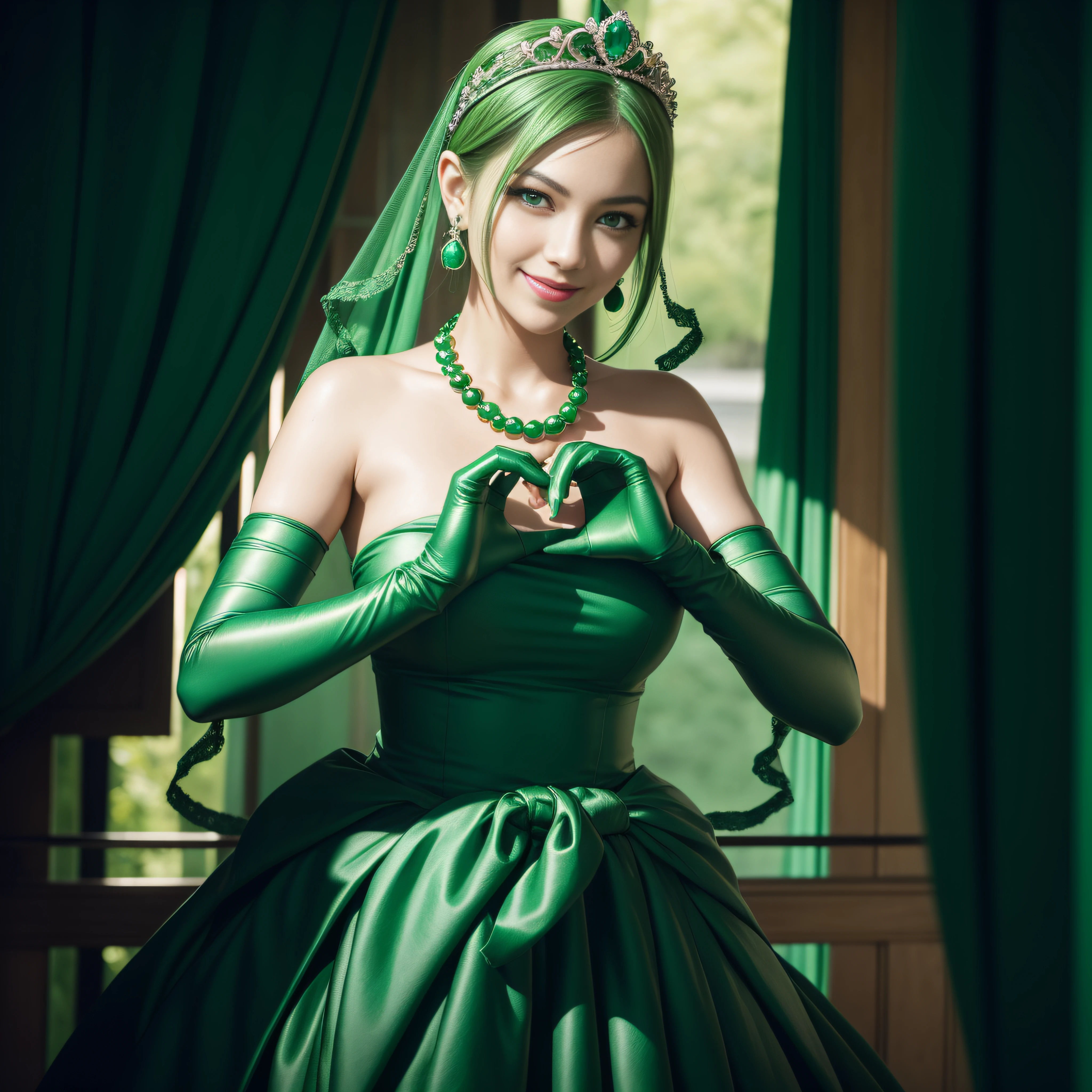 emerald tiara, Green Pearl Necklace, Boyish very short green hair, lipsticks, Japan woman smiling, very short short hair, big breasts beautiful, Green eyes, Long green gloves made of satin material, Green eyes, Emerald Earrings, green vale, Heart with both hands