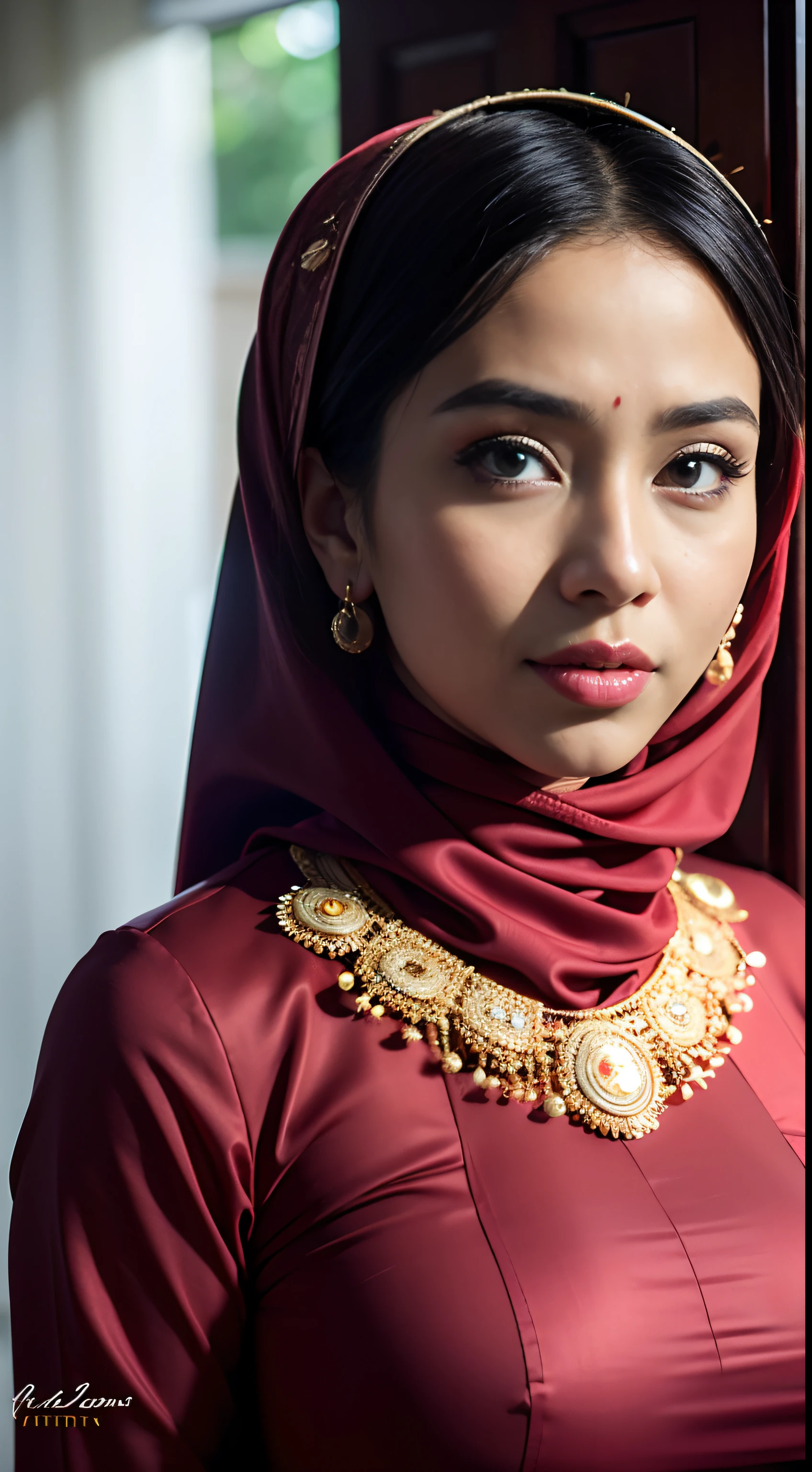 1 malay girl , modern plain hijab,  shy, medium portrait shot , watery  eyes , watery lips, big eyes, ((big breast )) , soft smile, full_body, woman malay in hijap, wearing java wedding woman in red long kebaya dress traditional, glossy lipstick, golden necklace, earrings, ornate,intricate decoration, detail, flowers, blurry background, soft focus