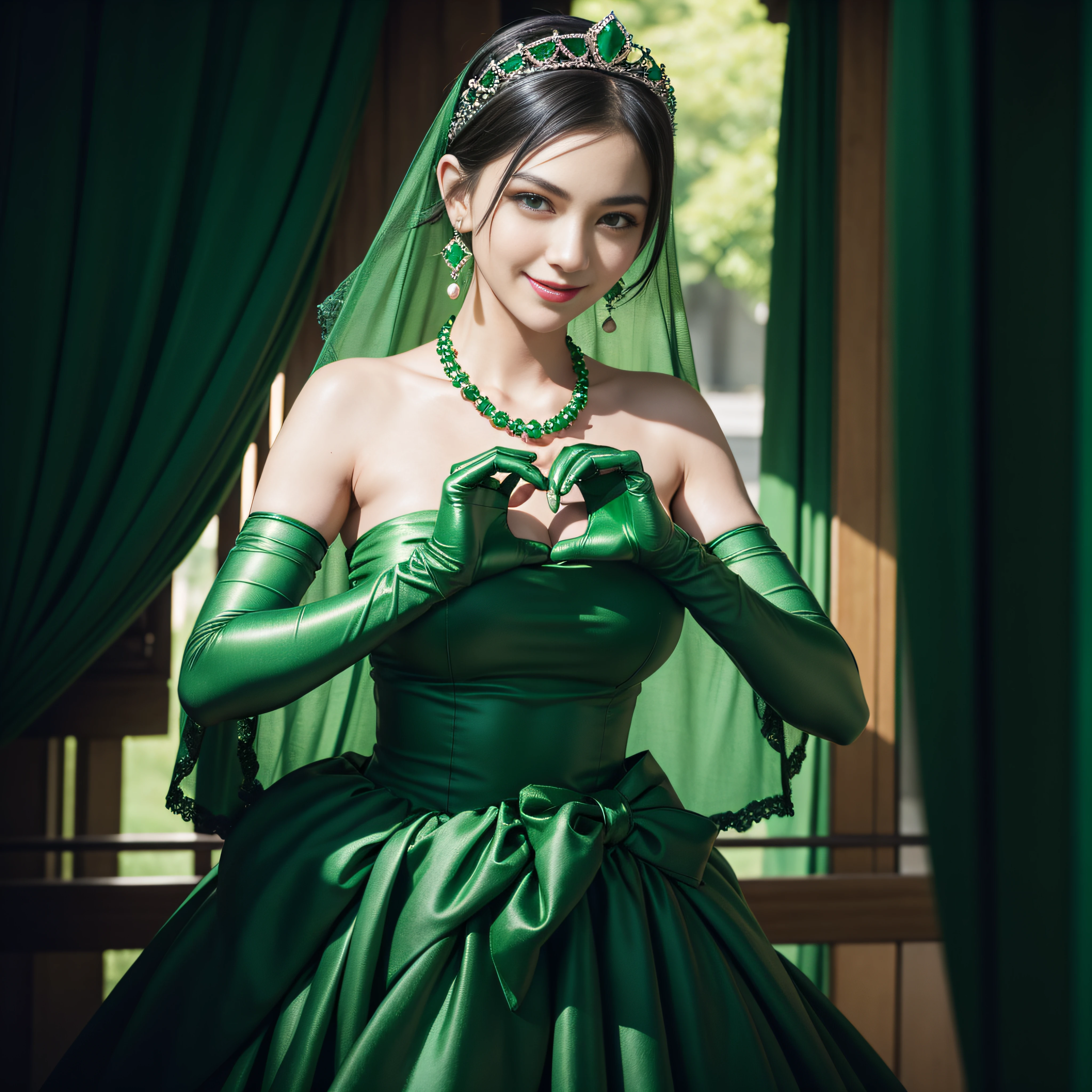emerald tiara, Green Pearl Necklace, Boyish very short black hair, lipsticks, Japan woman smiling, very short short hair, big breasts beautiful, Green eyes, Long green gloves made of satin material, Green eyes, Emerald Earrings, green vale, Heart with both hands, A dark-haired