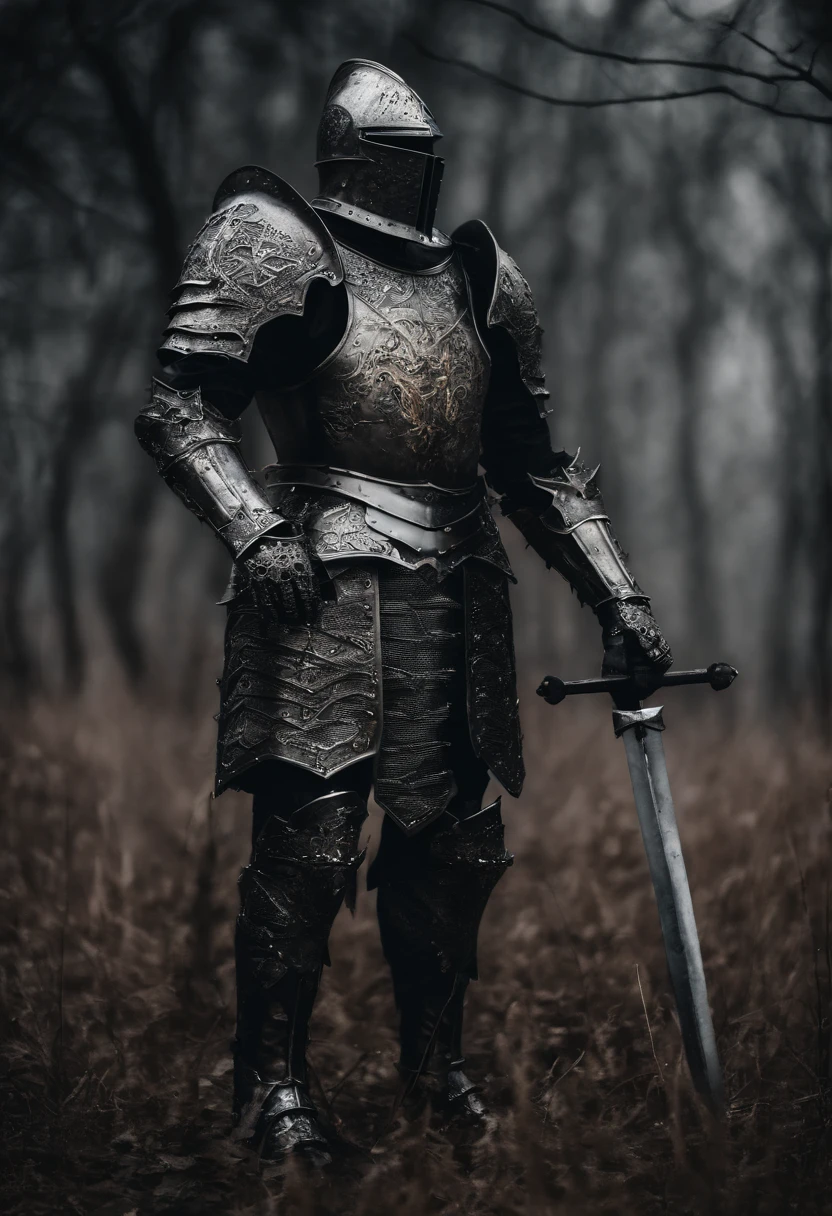 Strong knight in full body metal armor in a field