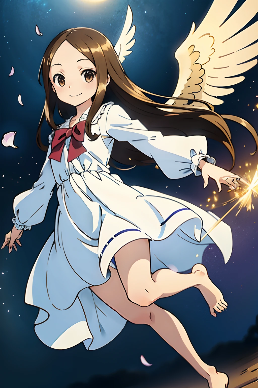 (Realistic),(Photorealistic),Takagi_San, 1girl in, Long hair,((White ruffled dress)),no sleeves， ((golden angel ring))，((Two angel wings on the back)),Angel Cosplay，Brown hair, Part bangs, Brown eyes, Forehead,Barefoot，Smile, Looking at Viewer, masutepiece,Full body,Girl in the air， Best Quality, (Colorful),volumatic light, Ray tracing,the Extremely Detailed CG Unity 8K Wallpapers,Smile,Silvery Full Moon，((a large number of flying petals,)),natta，light, Fantasy, Windy, magic sparks, A large number of petals fly