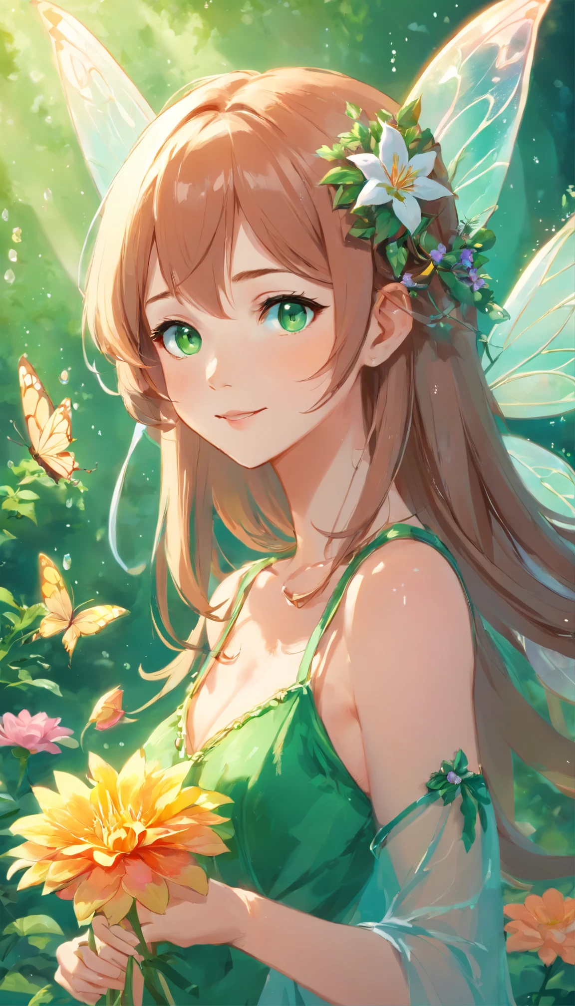 Eine Zeichnung einer Fee mit einer Rose in der Hand, Studie einer Blumenfee, Feenästhetik, Weltraumblume Fee, Faerie, Portrait of a fairy, Portrait of the Fairy, Smiling like a queen of fairies, Queen of the Fairies, Beautiful Fairy, The Non-Binary Deity of Spring, Feenkönigin, Elf girl wearing a flower suit, feenhaft lange braune haare, Ultra-detailed emerald green eyes, volle Lippen, medium breast The picture shows a beautiful flower fairy, umgeben von vielen verschiedenen Blumen. The flowers are about the size of butterflies and surround the fairy like a living carpet of flowers. The fairy herself is a beautiful girl with a slender figure. On her back she has transparent, shiny and beautiful wings, die an einen Schmetterling erinnern. The fairy carries a bouquet of flowers in her hands and sits on a large flower, fliegen leuchtende Schuppen in der Luft herum. Der Hintergrund des Bildes ist sehr detailliert und realistisch gestaltet. Es gibt viele kleine Details wie Grashalme, Petals and even single raindrops on the flowers. Die Haut der Fee ist super detailliert und hat einen leichten Glanz. The overall image style is slightly grainy, um einen filmischen Effekt zu erzeugen. Es gibt einen leichten Blendenfleck, which makes the picture look even more magical. The shadows in the picture are also cinematic and create a wonderful atmosphere. Ich hoffe, diese Beschreibung hilft dir dabei, Imagine the image you want in anime art style.