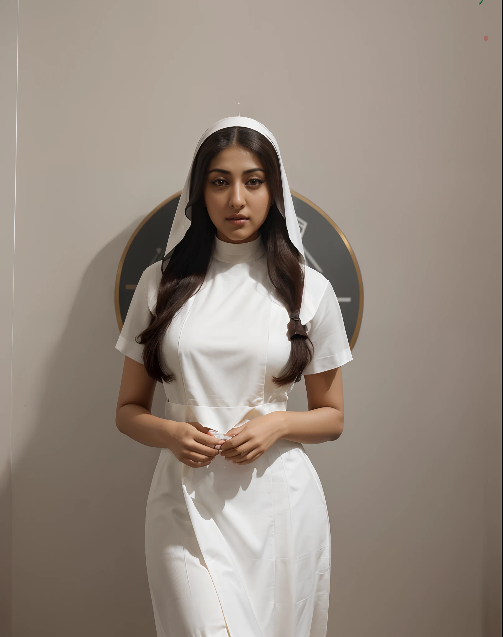 portrait of a beautiful, ((nun)), (Anu Emmanuel:1.3) Kerala actress, model style, (extremely detailed CG unity 8k wallpaper), beautiful artwork in the world, professional , trending on ArtStation, trending on CGSociety, Intricate, High Detail, Sharp focus, dramatic, photorealistic painting art by midjourney