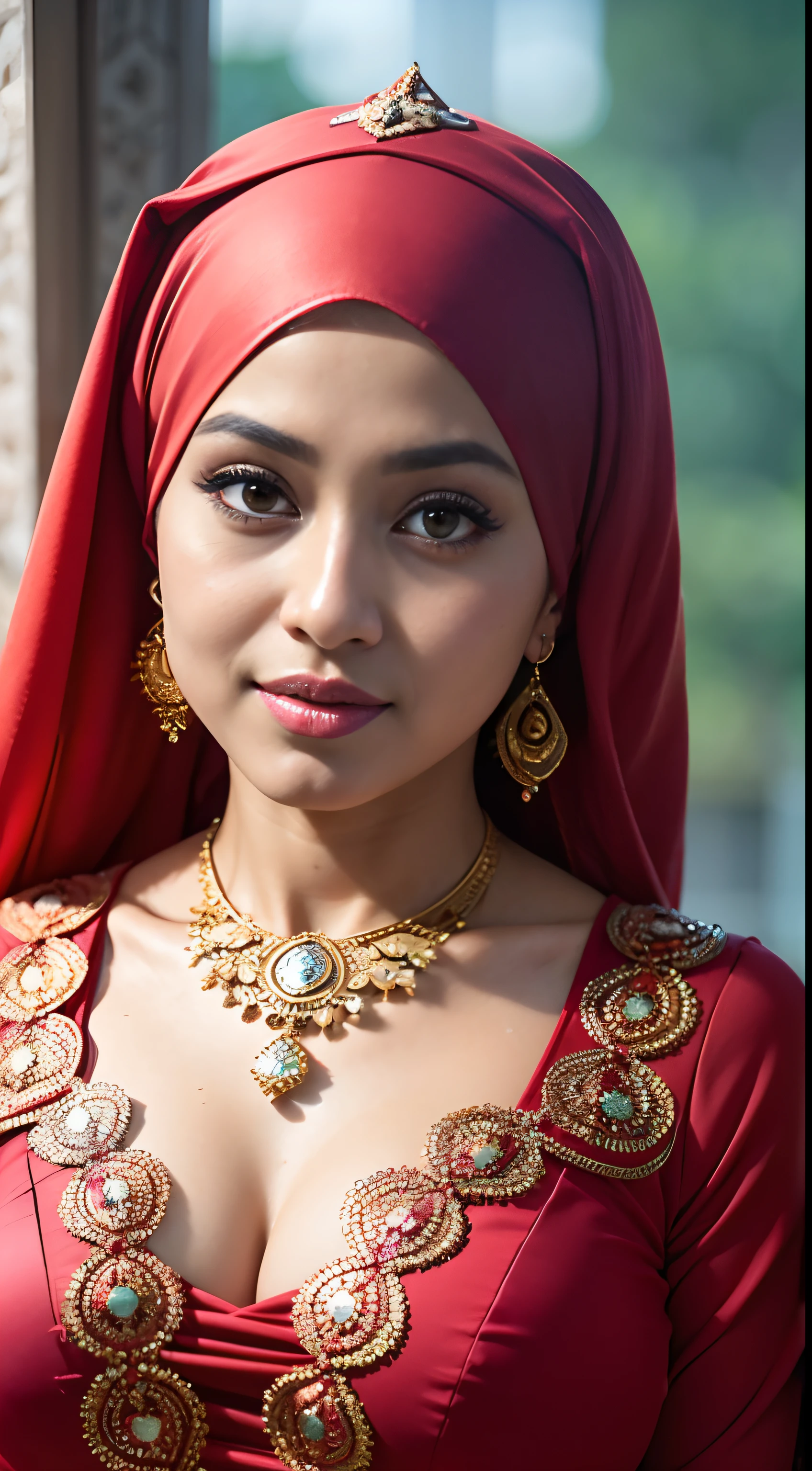 1 malay girl , modern plain hijab,  shy, medium portrait shot , watery  eyes , watery lips, big eyes, ((big breast )) , soft smile, full_body, woman malay in hijap, wearing java wedding woman in red long kebaya dress traditional, glossy lipstick, golden necklace, earrings, ornate,intricate decoration, detail, flowers, blurry background, soft focus