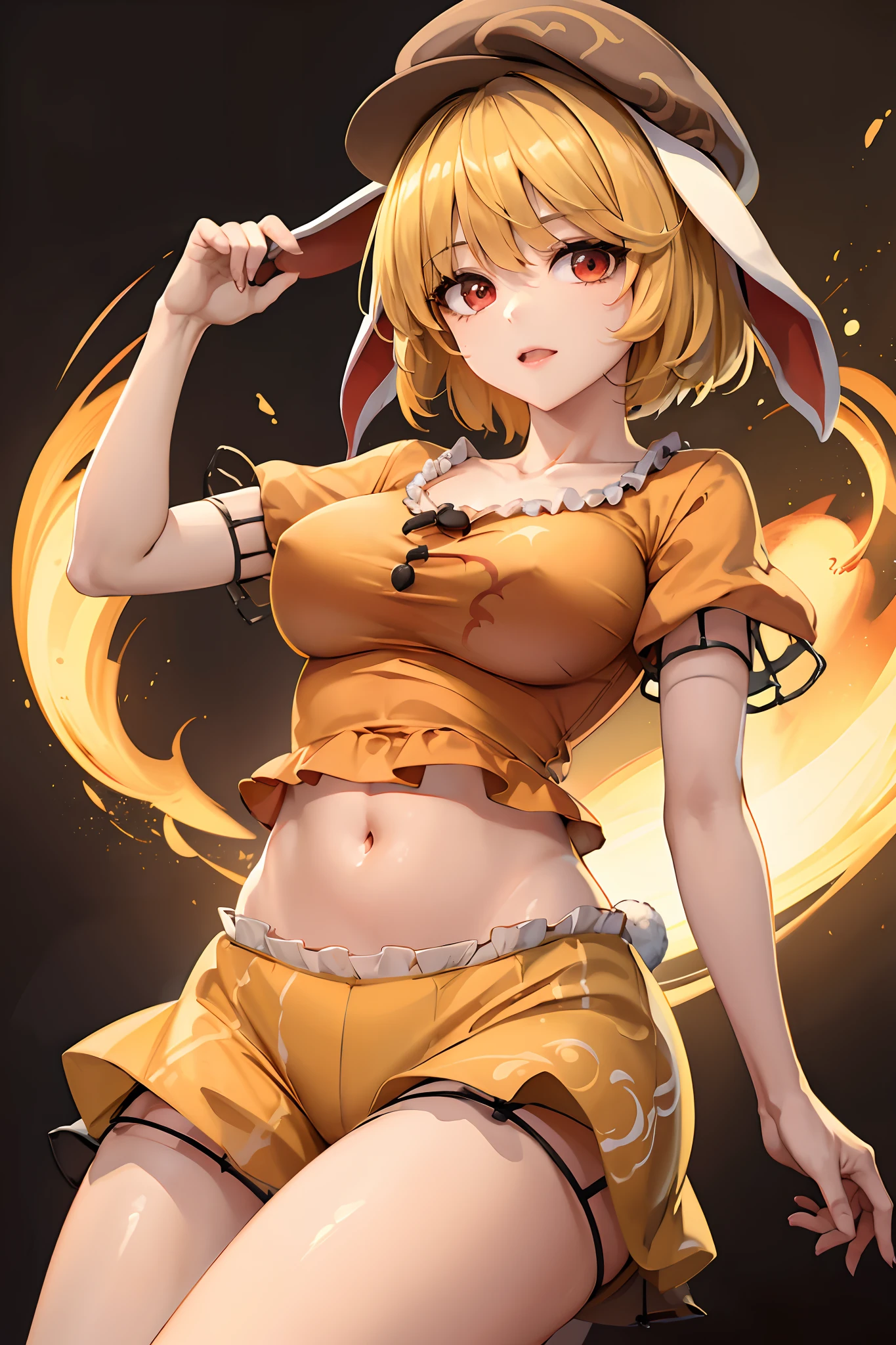 ringo \(touhou\), blonde hair, short hair, cabbie hat, orange shirt, navel, rabbit ears, red eyes, collarbone, frilled dress, yellow shorts, large breasts, detailed face, detailed eyes, detailed hair