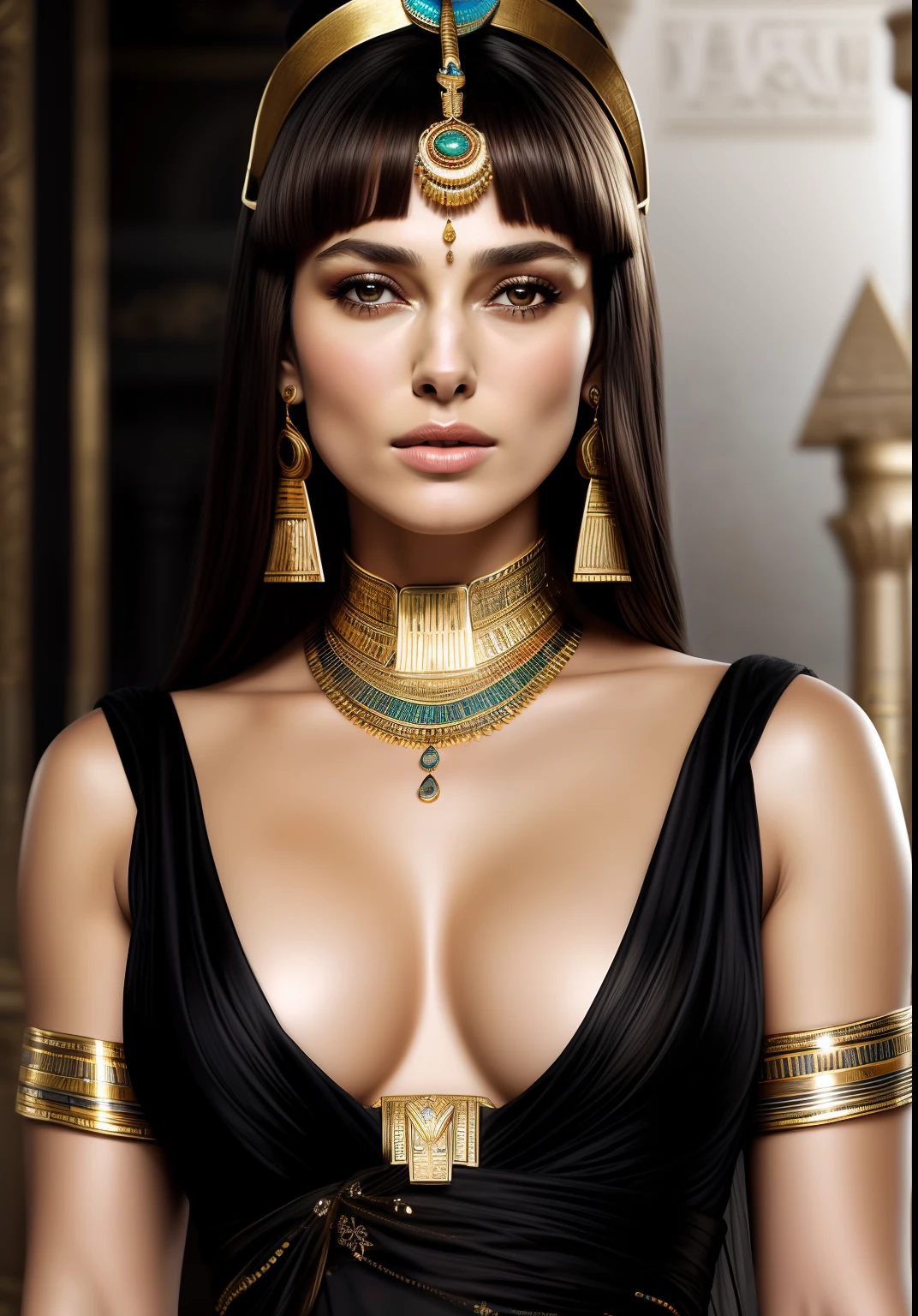 Cinematic portrait, professional cinematography, a close up of a woman in a gold outfit with an egyptian mask, beautiful cleopatra, insane details, egyptian princess, cinematic goddess close shot, cleopatra, extremely beautiful lady, cinematic goddess body shot, cleopatra portrait, goddess, stunning beauty, extremely high detail, egyptian, cleopatra in her palace, cinematic goddess shot, egyptian style, extremely detailed goddess shot, beautiful goddess, Keira Knightley as egyptian, Keira Knightley gorgeous and beautiful pharaoh, portrait of cleopatra, uhd, 8k, 32k, sharp, intricate, highly detailed, detailed Beauty,hdr, cinematic vision, flawless picture,skin texture, detailed skin, exceptional beauty,