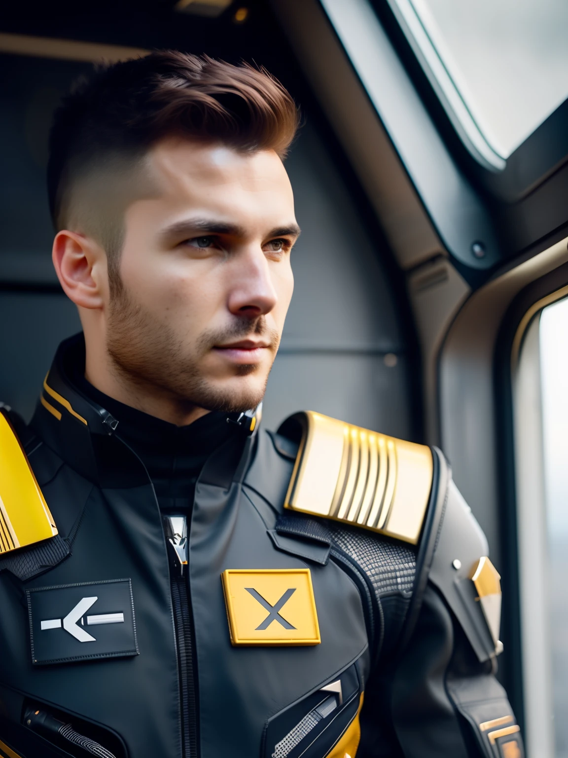 fking_scifi, award-winning photo of a man, black flight suit with yellow accents, brown hair, (gray eyes:1.35), square jawline, asymmetric face, standing in front of a window on a space ship, 80mm, bokeh, mass effect, close up, fking_cinema_v2