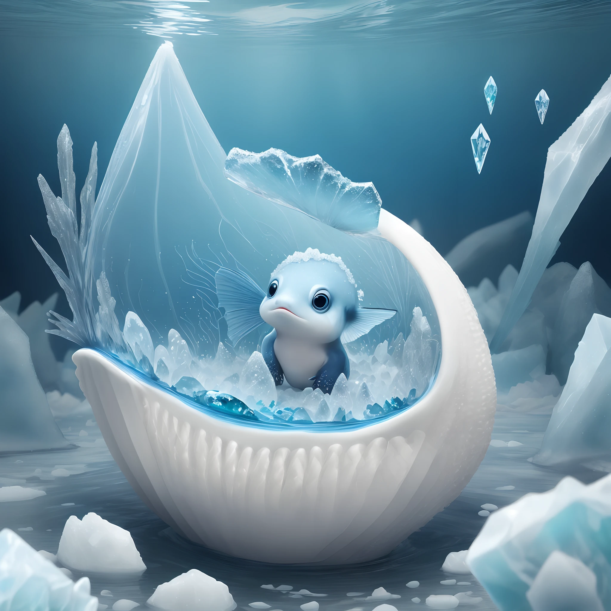 A small aquatic creature with a shell shaped like crystallized ice.
Curious eyes and an elegant caudal fin.
The dominant color is a mix of blues and whites, evoking the freshness of water.