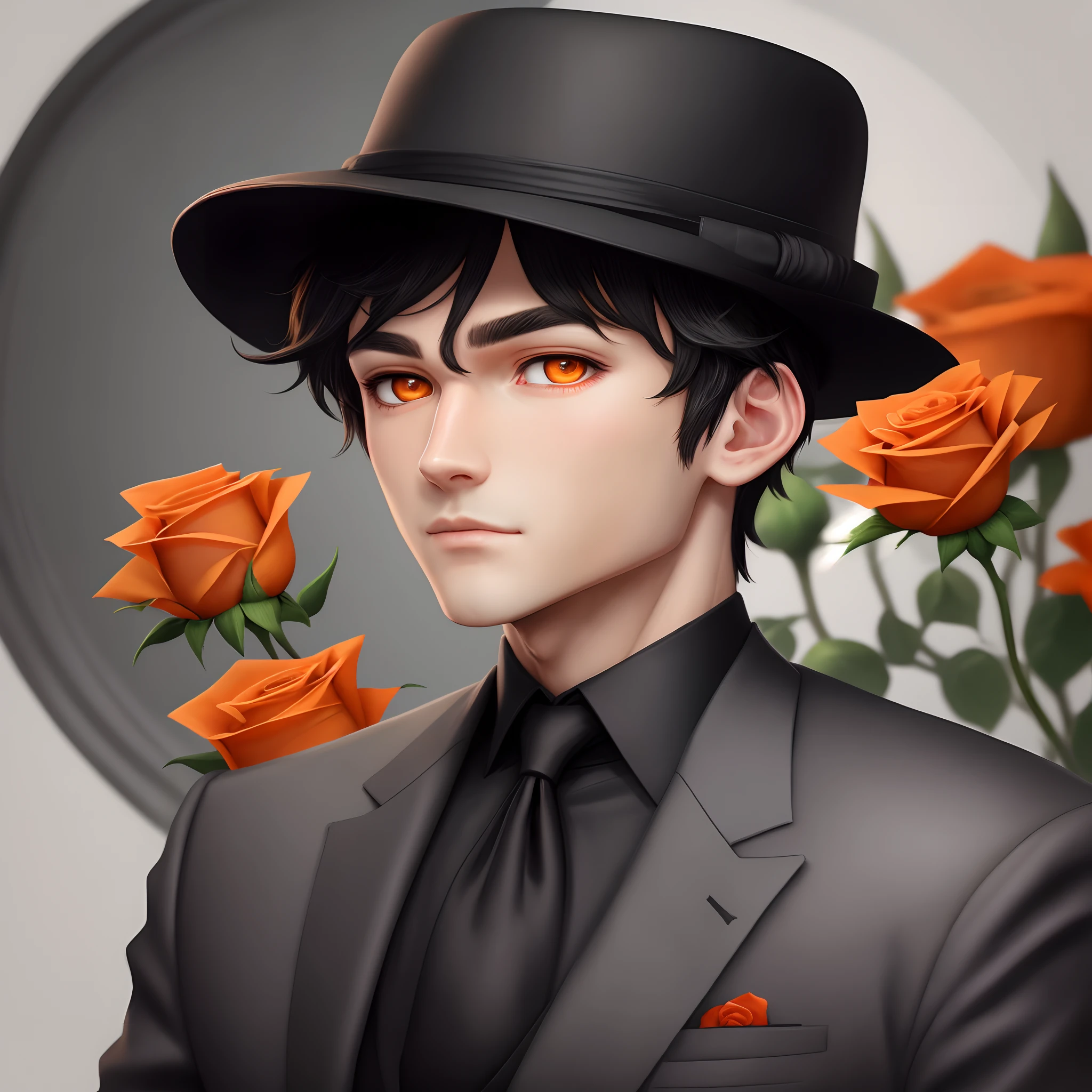 Create an anime character with bright hazel eyes with black hair and a apethetic face he is wearing a black suit with bright orange tabs and highlights on it and in his head he wears a black bowler hat with a paper rose that starts white at the base and turns red at the top of the petals