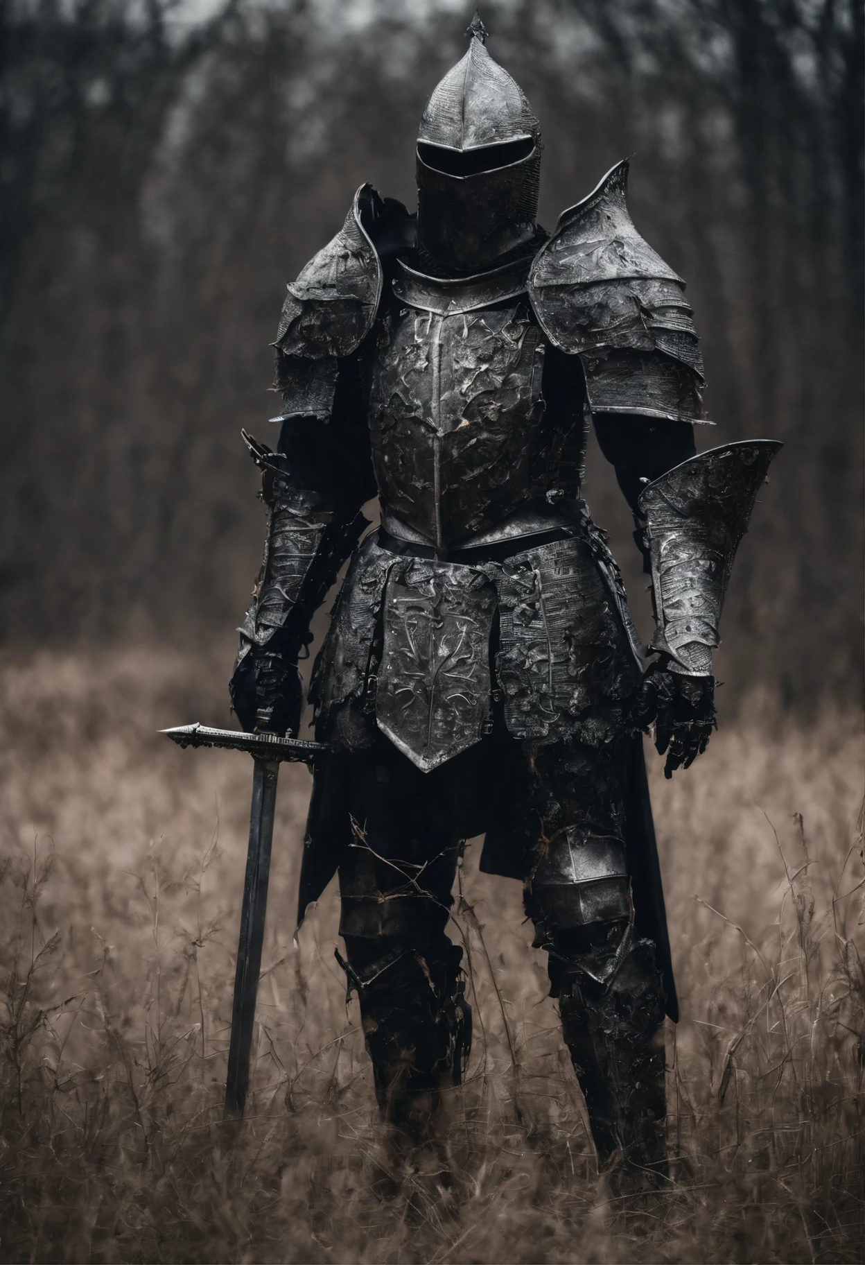 Strong knight in full body metal armor in a field