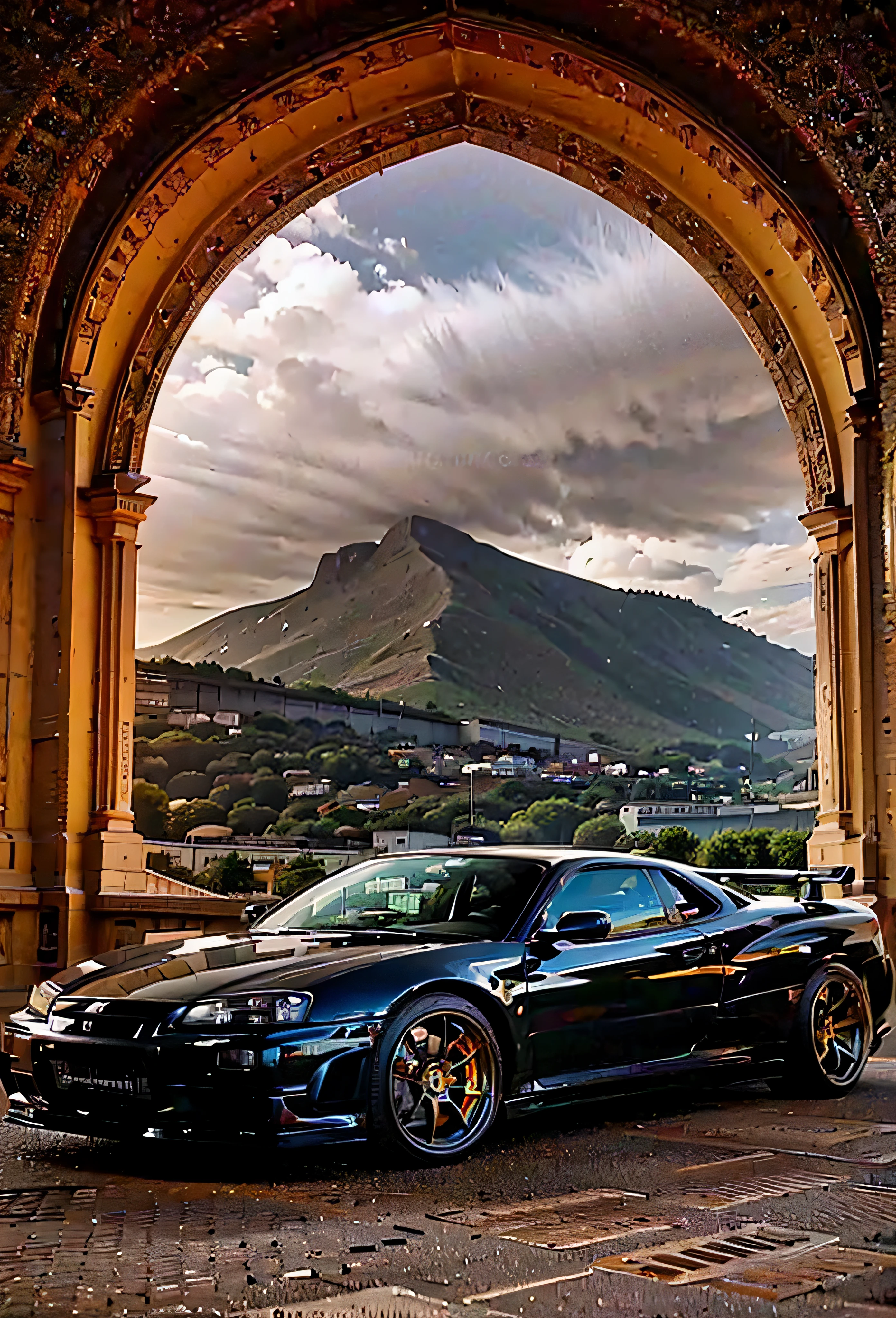 arafed black sports car parked in front of a large arch, automotive photography, ferrari, supercar, car photography, vehicle photography, wallpaper mobile, high quality wallpaper, auto photography, luxury lifestyle, rich contrast, by Alexander Robertson, stunning atmosphere, black car, intense contrast, lamborghini, stunning vista, beautiful wallpaper, wallpaper background