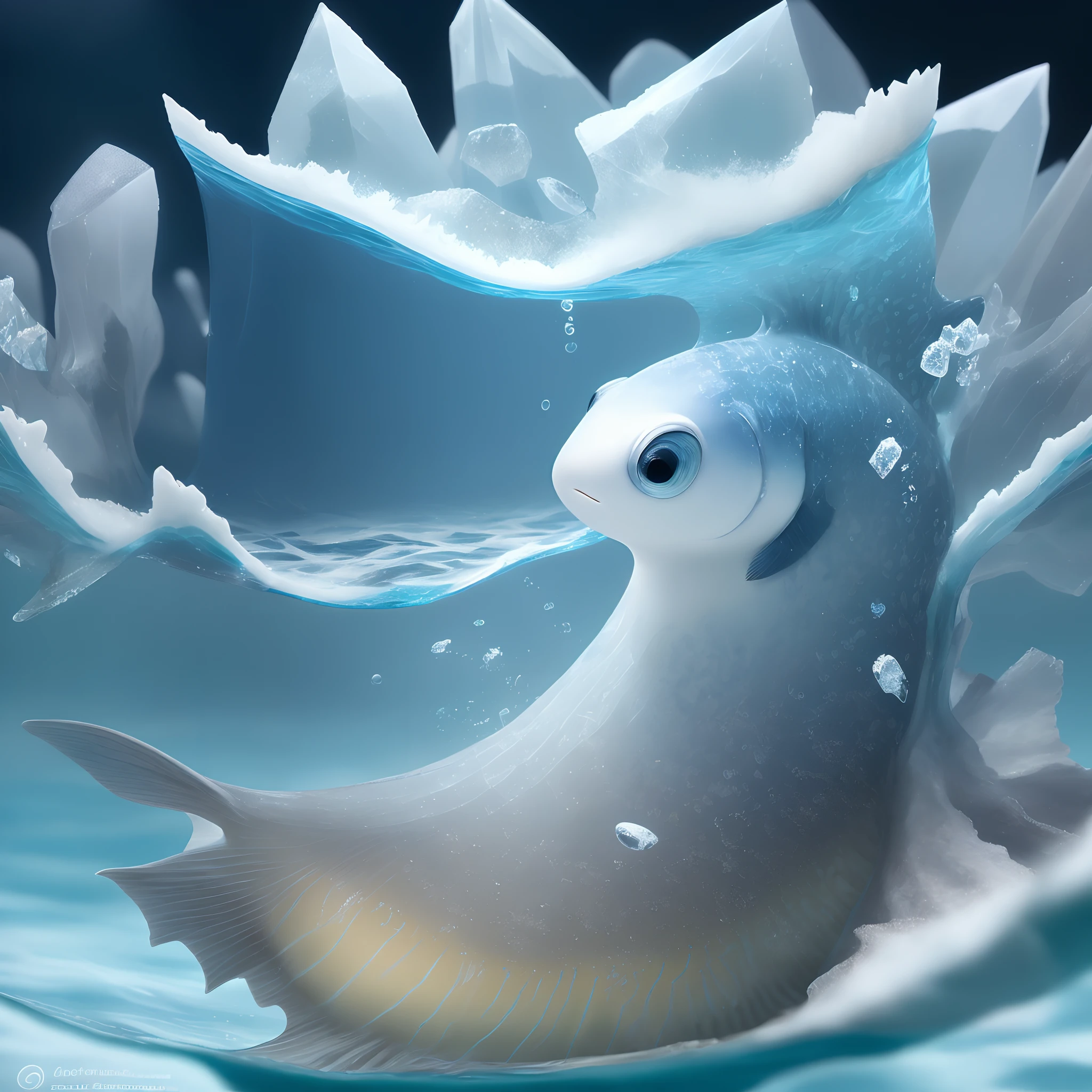 A small aquatic creature with a shell shaped like crystallized ice.
Curious eyes and an elegant caudal fin.
The dominant color is a mix of blues and whites, evoking the freshness of water.