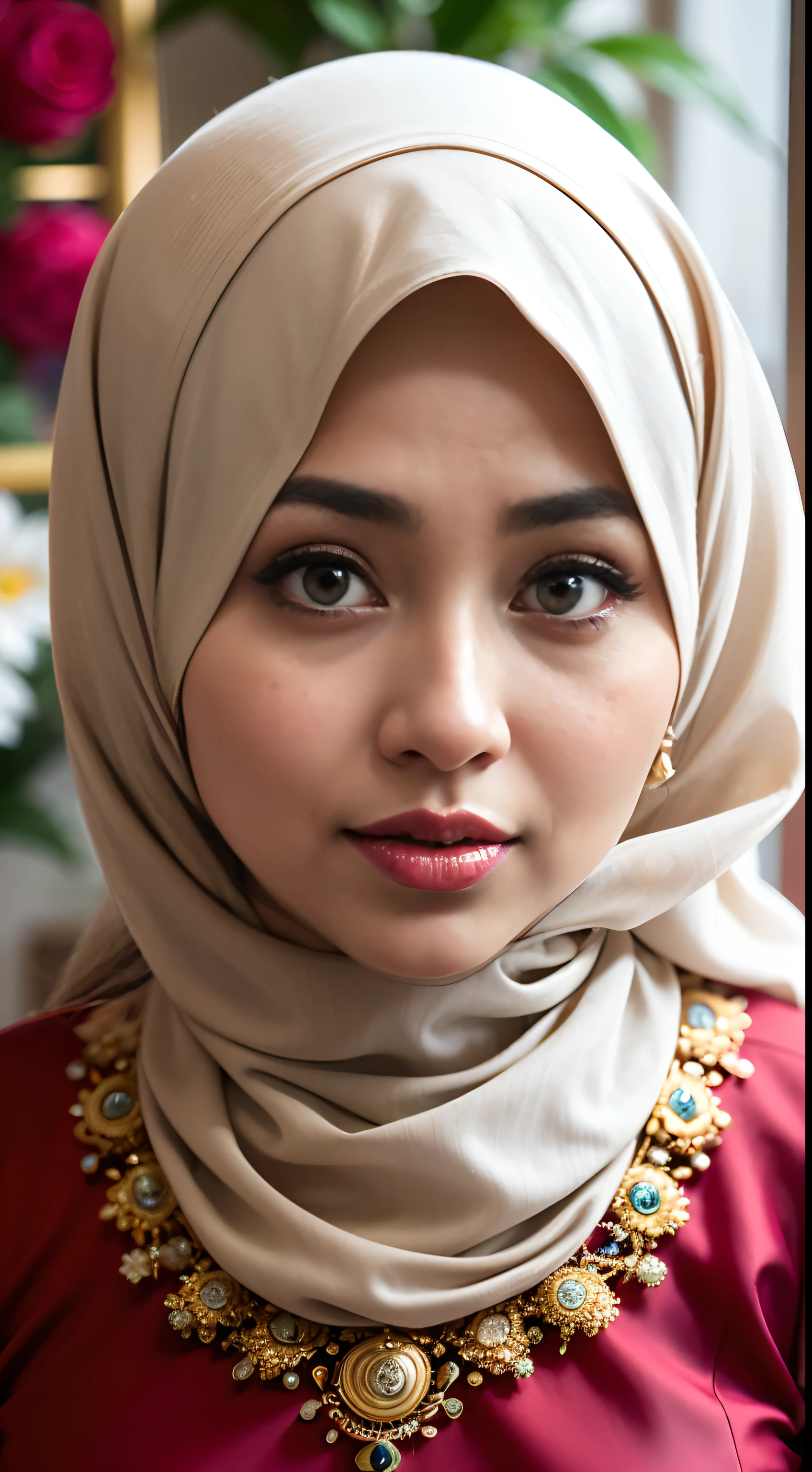 instagram photo, closeup face photo of 23 y.o Chloe in wearing Hijab syar'i, Red Lipstick, sensual Lipstick, Sensational Make Up, (smile:0.4), hard shadows, Pink Hijab Syar'i, bright lighting 
