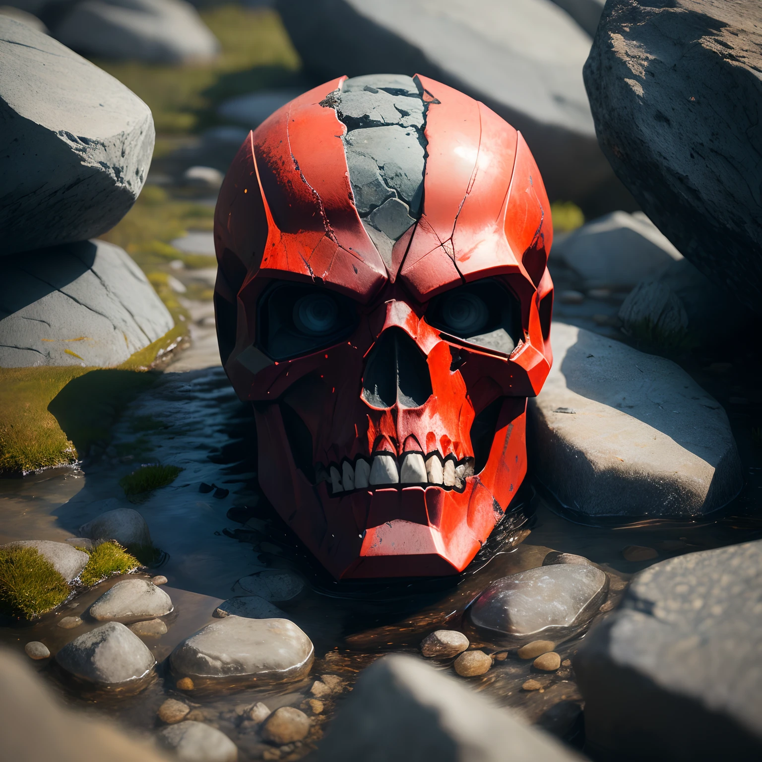 Red skull on the background of rocks,