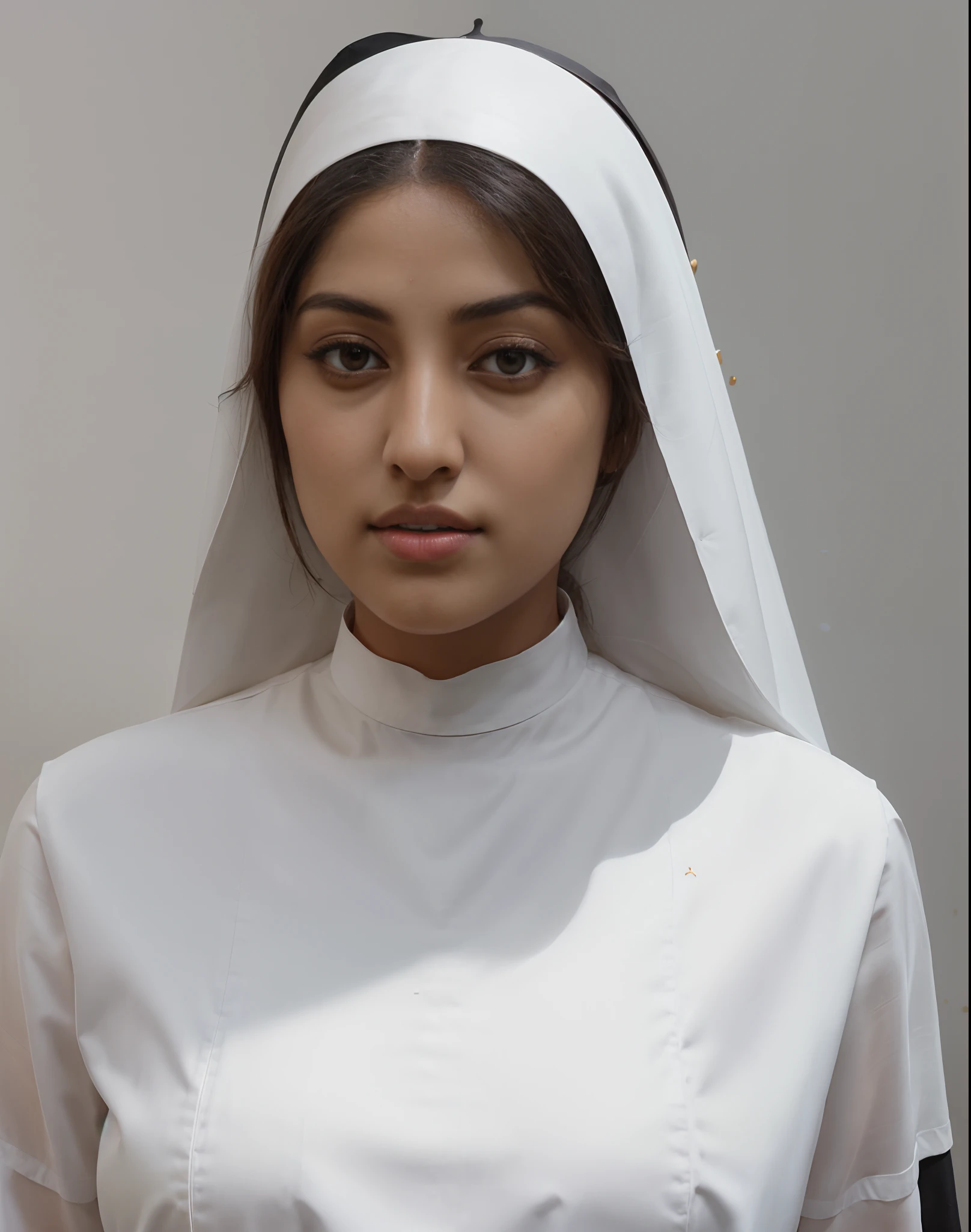 portrait of a beautiful, ((nun)), (Anu Emmanuel:1.3) Kerala actress, model style, (extremely detailed CG unity 8k wallpaper), beautiful artwork in the world, professional , trending on ArtStation, trending on CGSociety, Intricate, High Detail, Sharp focus, dramatic, photorealistic painting art by midjourney