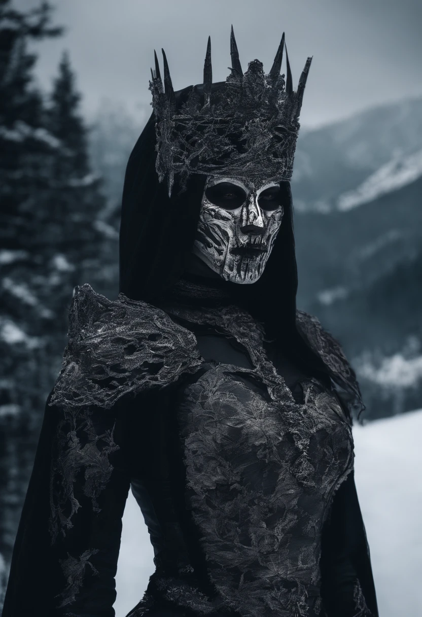 Princess warrior with mouth and nose mask standing on snow covered mountain ground