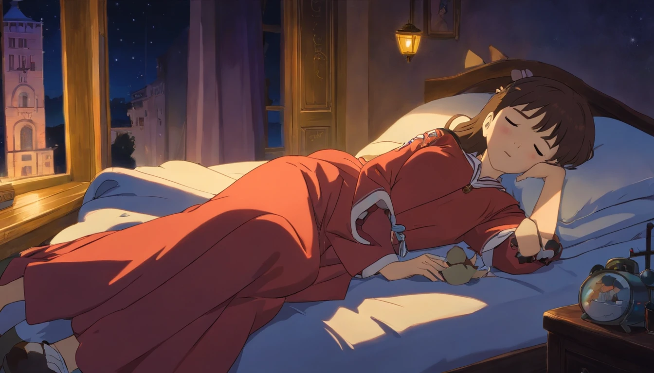 Beautiful Woman,((24yo)),moonlit glow,at night,Sleeping,((Sleeping)),bed,By the window,Lying down,full body shots,Closing your eyes,Silk costume