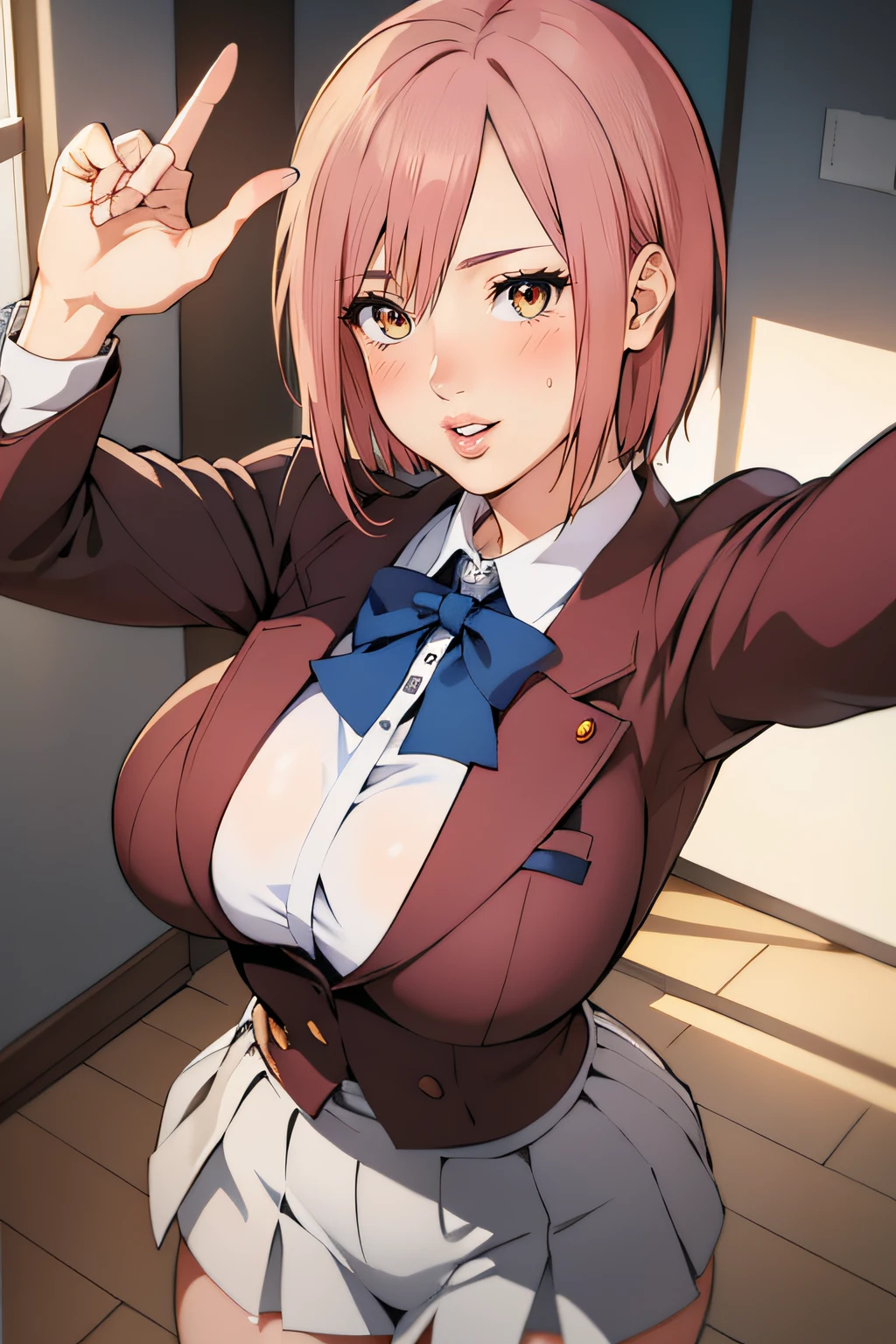 masterpiece, best quality, highly quality ,   Papico-KJ, school uniform, cowboy shot , selfie , from above , Hourglass body, small waist, lips, huge breasts, blush