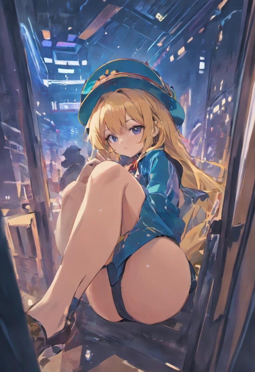 anime girl in a blue hat and a blue shirt is holding a cell phone, (sfw) safe for work, thighs close up, thighs focus, oppai, large thighs, knees tucked in, the anime girl is crouching, bottom body close up, thicc, middle close up shot, dominant pose, ( ( extreme detail ) ), close angle, bottom view