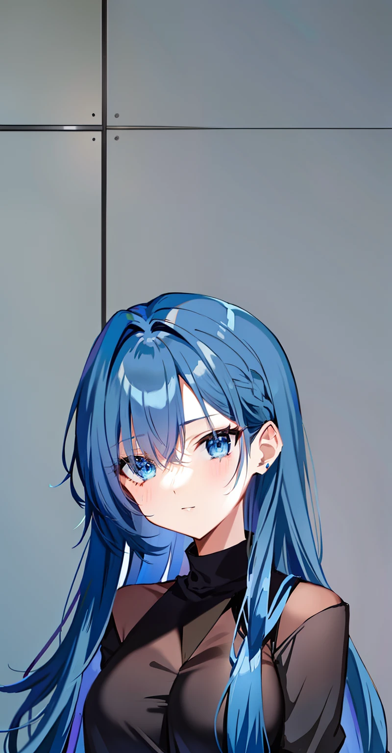 anime girl with blue hair and blue eyes in a black top, big breast, flat anime style shading, anime moe artstyle