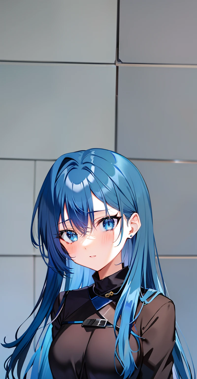anime girl with blue hair and blue eyes in a black top, big breast, flat anime style shading, anime moe artstyle
