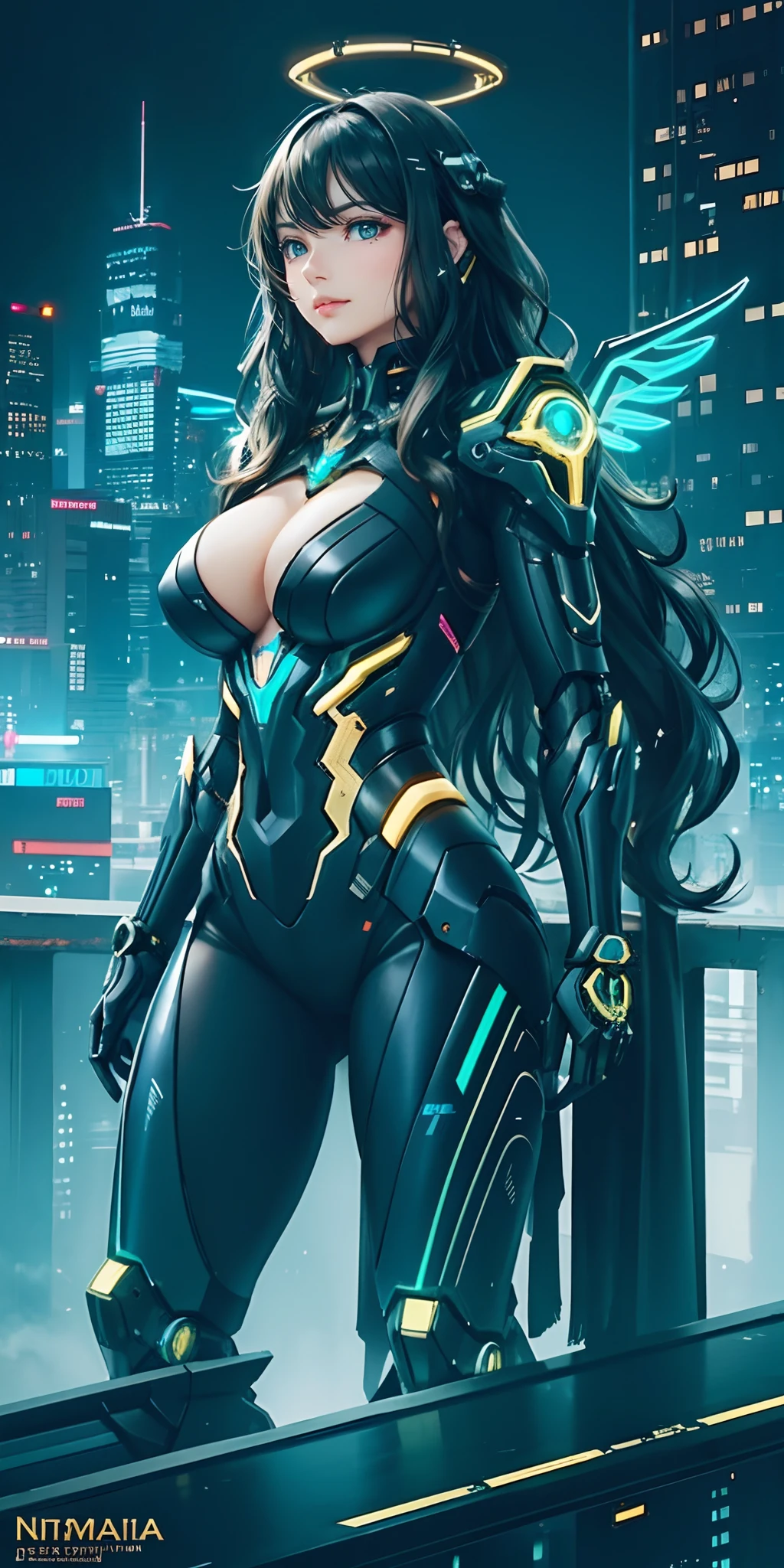 best quality, a beautiful woman, long wavy hair, black futuristic mech armor, neon halo, mechanical wings, perfect slim fit body, large breasts, skyscraper rooftop, realism, elaborate details, late evening, cyberpunk, gold accents