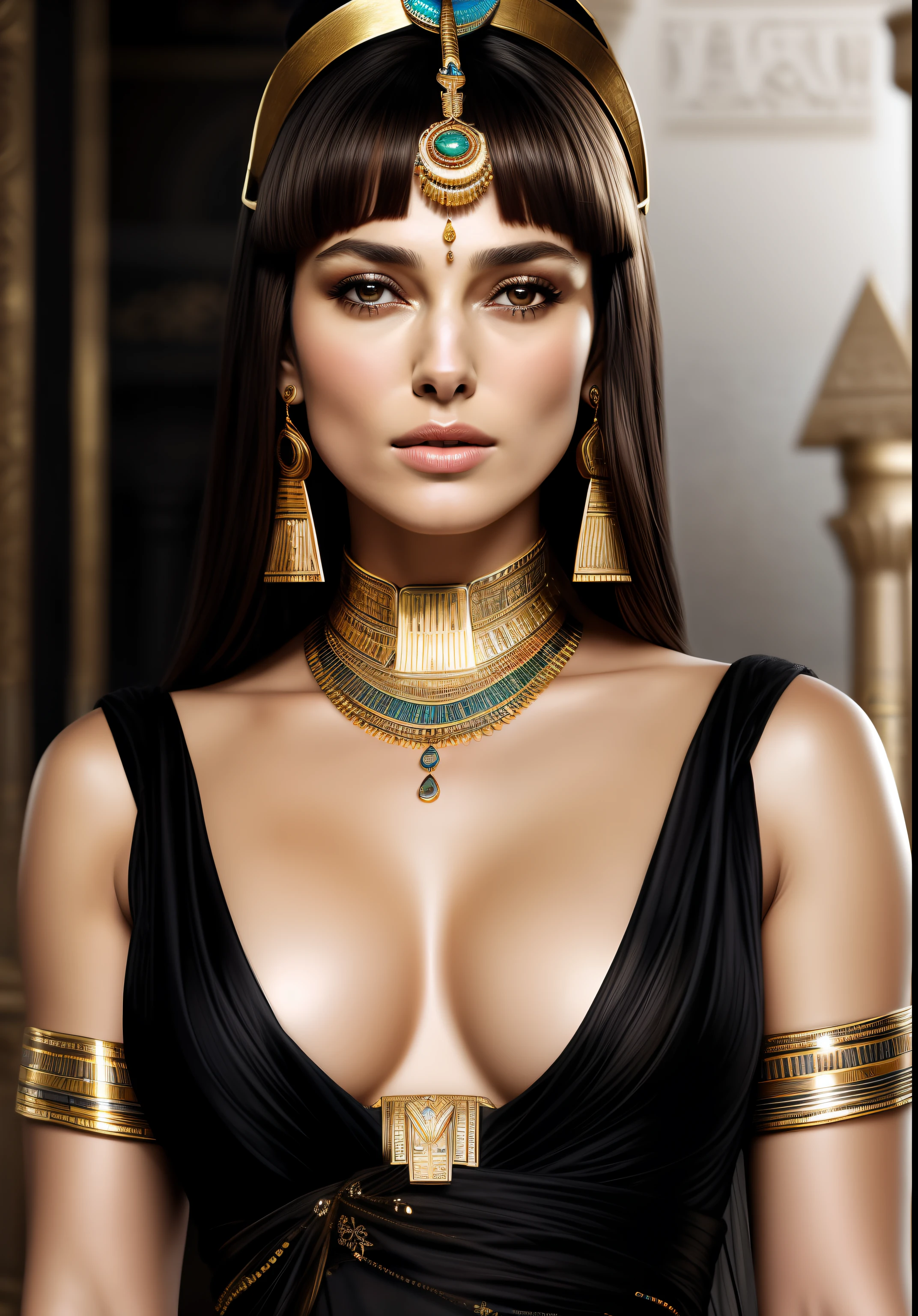 Cinematic portrait, professional cinematography, a close up of a woman in a gold outfit with an egyptian mask, beautiful cleopatra, insane details, egyptian princess, cinematic goddess close shot, cleopatra, extremely beautiful lady, cinematic goddess body shot, cleopatra portrait, goddess, stunning beauty, extremely high detail, egyptian, cleopatra in her palace, cinematic goddess shot, egyptian style, extremely detailed goddess shot, beautiful goddess, Keira Knightley as egyptian, Keira Knightley gorgeous and beautiful pharaoh, portrait of cleopatra, uhd, 8k, 32k, sharp, intricate, highly detailed, detailed Beauty,hdr, cinematic vision, flawless picture,skin texture, detailed skin, exceptional beauty,