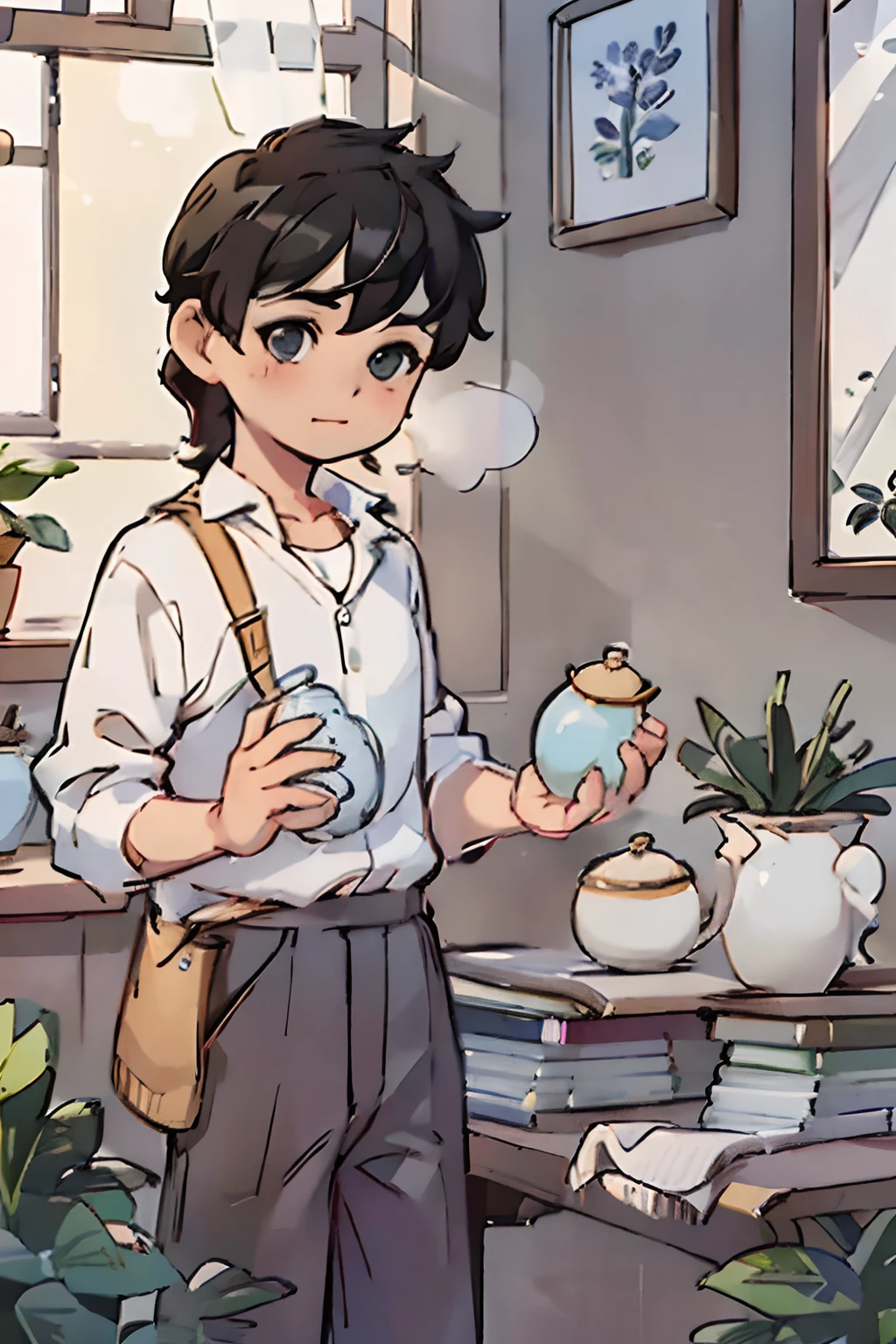 best quality, masterpiece,1boy, solo,  holding,(1 teapot:1.1),black hair,  paintbrush, white clothes,  window, indoors,  potted plant,table, schoolbooks,