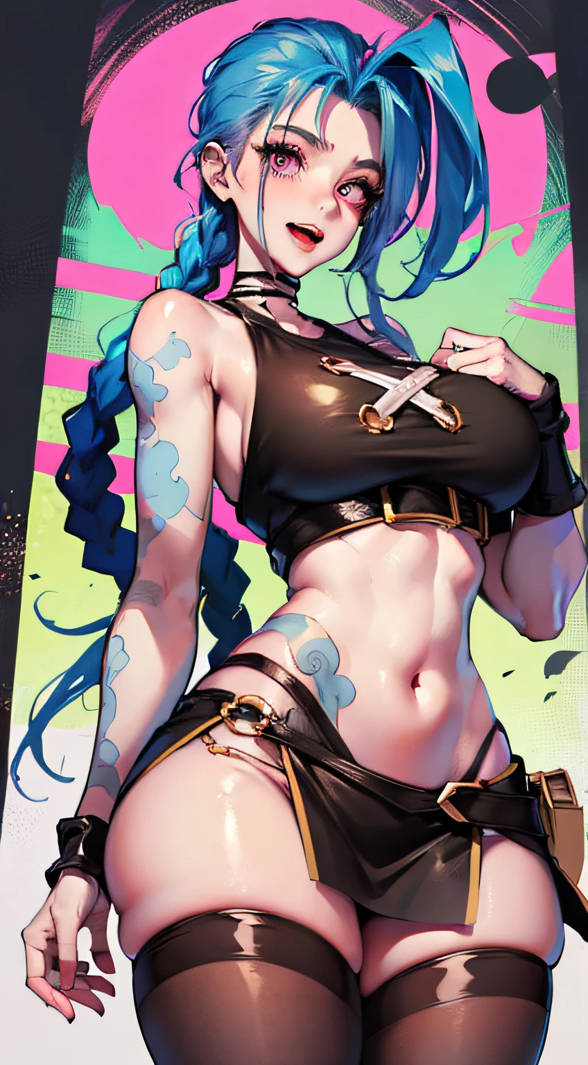 Jinx, having fun,Student clothing,Superskirt,Crop topping,huge tit,Pull your pants open,cute-style,highly rendered,detailed face with,Fleshy thighs