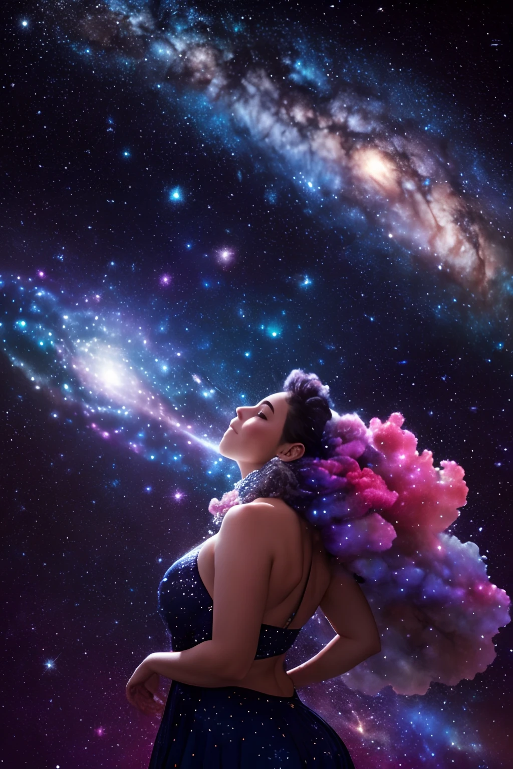 Obra prima, extremamente detalhado, outer space, estrelas, nebulosas, galaxias, planetas, A beautiful gigantic woman in outer space, corpo lindo, com poderes cosmicos, sombria, 8k ultra detalhado, realista