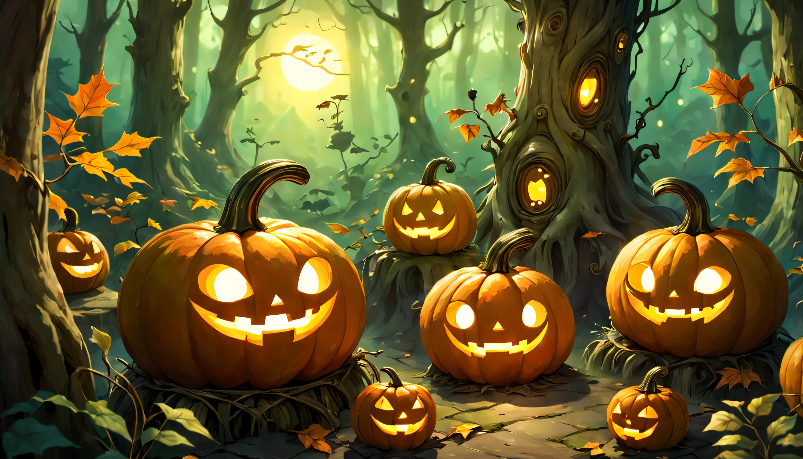 A wise old jack-o'-lantern that houses a menagerie of cheerful forest spirits known as kodama. Warmth and magic radiate from the pumpkin and its joyful inhabitants.