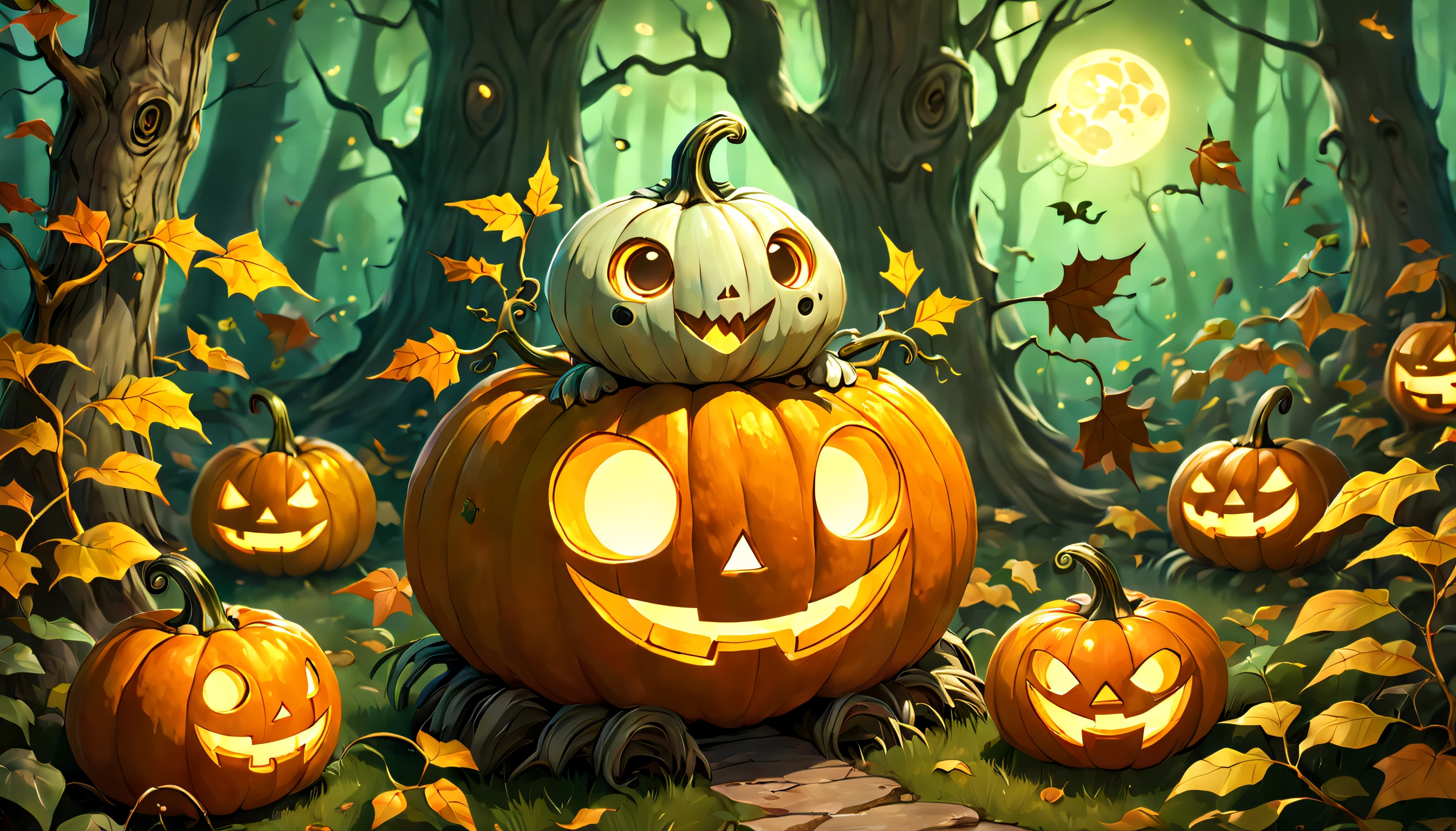 A wise old jack-o'-lantern that houses a menagerie of cheerful forest spirits known as kodama. Warmth and magic radiate from the pumpkin and its joyful inhabitants.