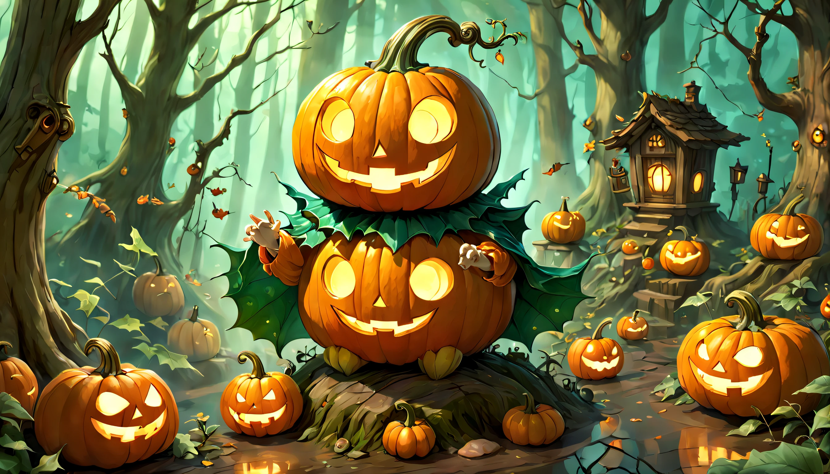 A wise old jack-o'-lantern that houses a menagerie of cheerful forest spirits known as kodama. Warmth and magic radiate from the pumpkin and its joyful inhabitants.