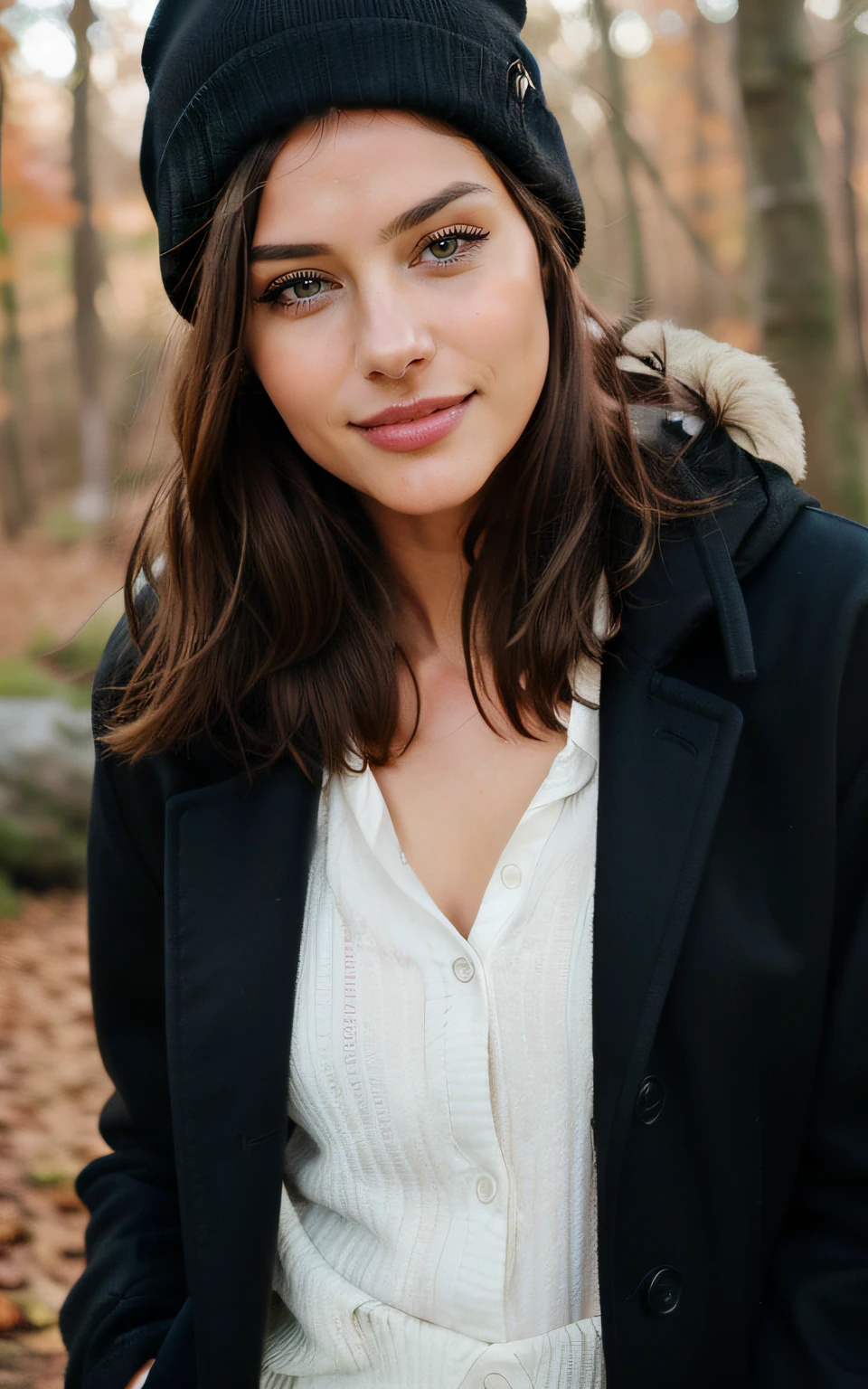 cute beautiful brunette, wearing a coat and beanie, autumn forest background, wide angle view, very detailed, 22 years old, happy smile, flirty face, short hair, brown eyes, high-res, masterpiece, best quality, intricate details, highly detailed, sharp focus, detailed skin, realistic skin texture,detailed eyes, professional, 4k, smile, shot on Canon, 85mm,shallow depth of field, kodak vision color, eyeshadow, extremely detailed, photo_\(ultra\), photorealistic, realistic, post-processing, max detail, roughness, real life, ultra realistic, photorealism, photography, 8k uhd, photography,