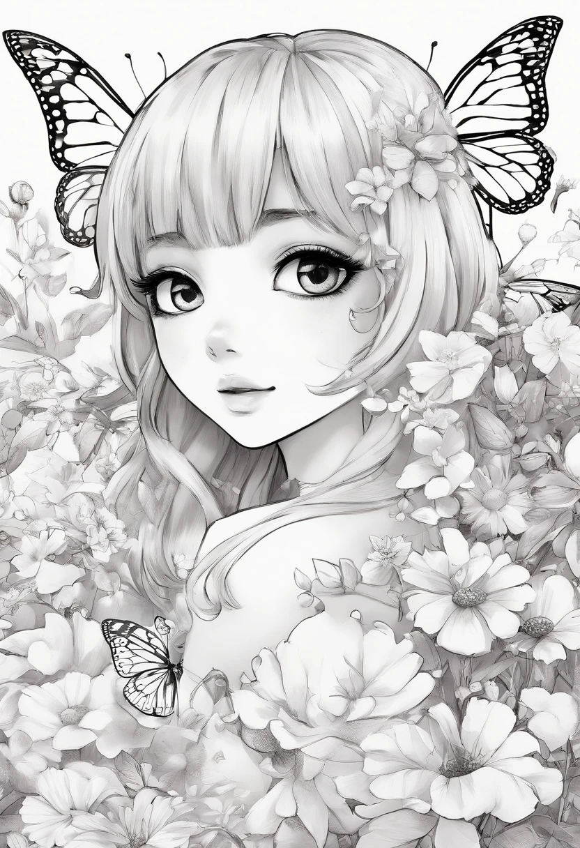 dibujo en blanco y negro, A butterfly in the garden