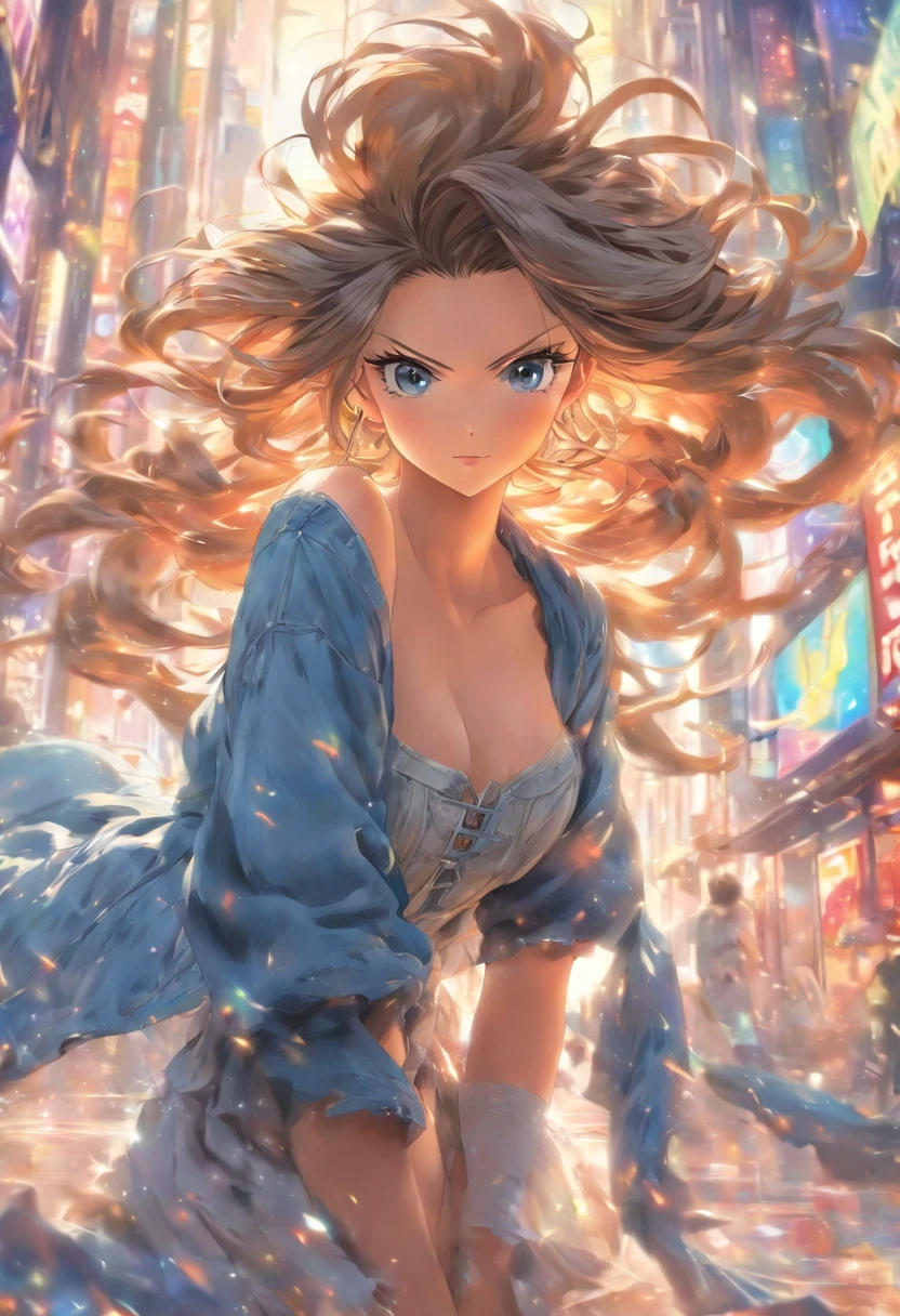 Meisterwerk, best quality, 女の子1人, brunette hair, nackte Schultern, Lange Haare, Kleid, Denim-Aufnahme, Dynamische Pose, Dynamischer Winkel,