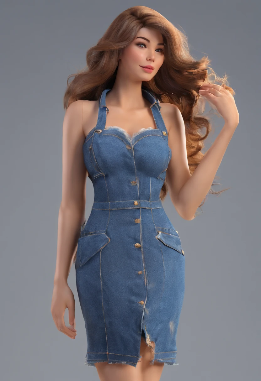 Meisterwerk, best quality, ***1人, brunette hair, nackte Schultern, Lange Haare, Kleid, Denim-Aufnahme, Dynamische Pose, Dynamischer Winkel,