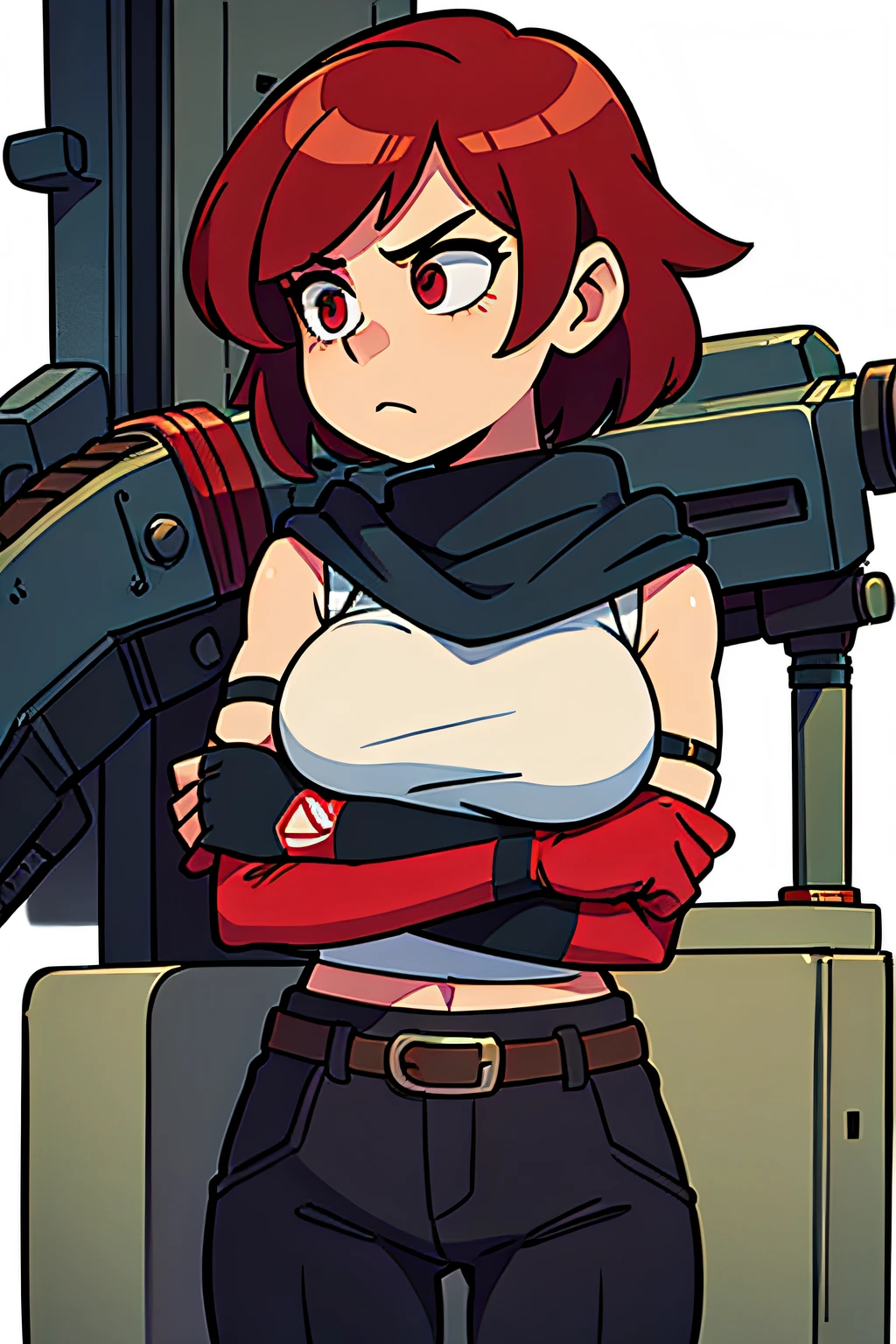 a female gang leader absorbing modern machinery onto her arms