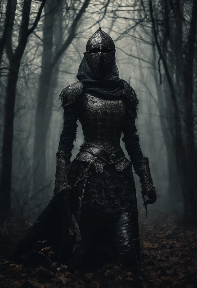 Female knight with face covering over her nose and mouth, with armor on her body excluding face, wandering through a dark forest