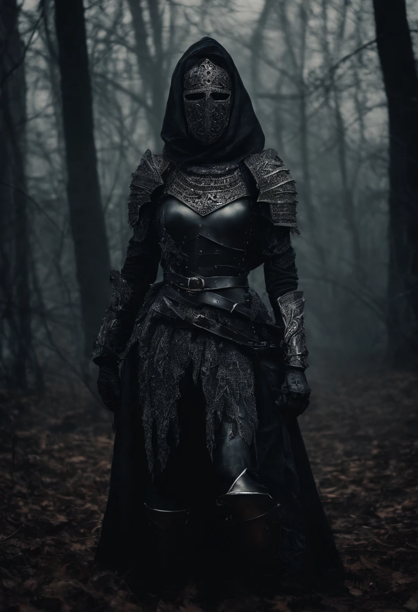 Female knight with face covering over her nose and mouth, with armor on her body excluding face, wandering through a dark forest