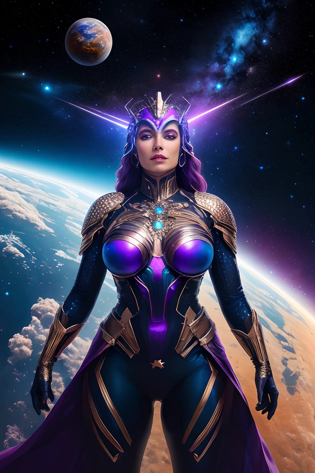 Retrato, obra prima, extremamente detalhado, outer space, estrelas, Nebulosas, galaxias, Planetas, Uma bela mulher, Super Villain, Gigantic in outer space, corpo lindo, She's the female version of Galactus, com poderes cosmicos, sombria, 8K ultra detalhado, realista