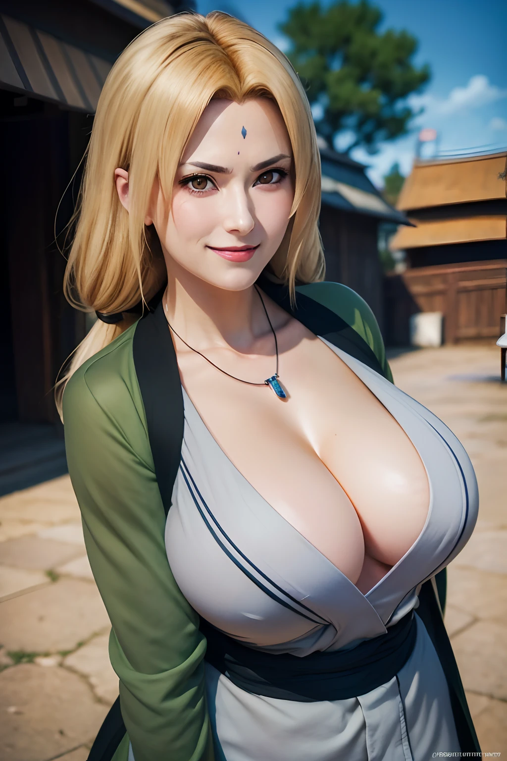 tsunade, large breasts, cleavage, collarbone,((tsun outfit)), (tsun jacket), (tsun necklace), mature woman, Seductive expression, looking at viewer, konohavillage, outdoors, daytime, (cowboy shot), (insanely detailed, beautiful detailed face, masterpiece, beautiful detailed eyes, best quality), huge breasts, ((seductive smile)), ultra high res,4K,ultra-detailed, photography, 8K, HDR, highres, (absurdres:1.2), Kodak portra 400, film grain, blurry background, (bokeh:1.2), lens flare, (vibrant_color:1.2),professional photograph, (beautiful_face:1.5), ,(((pov 1.3))),((((Breasts squeezed together)))),