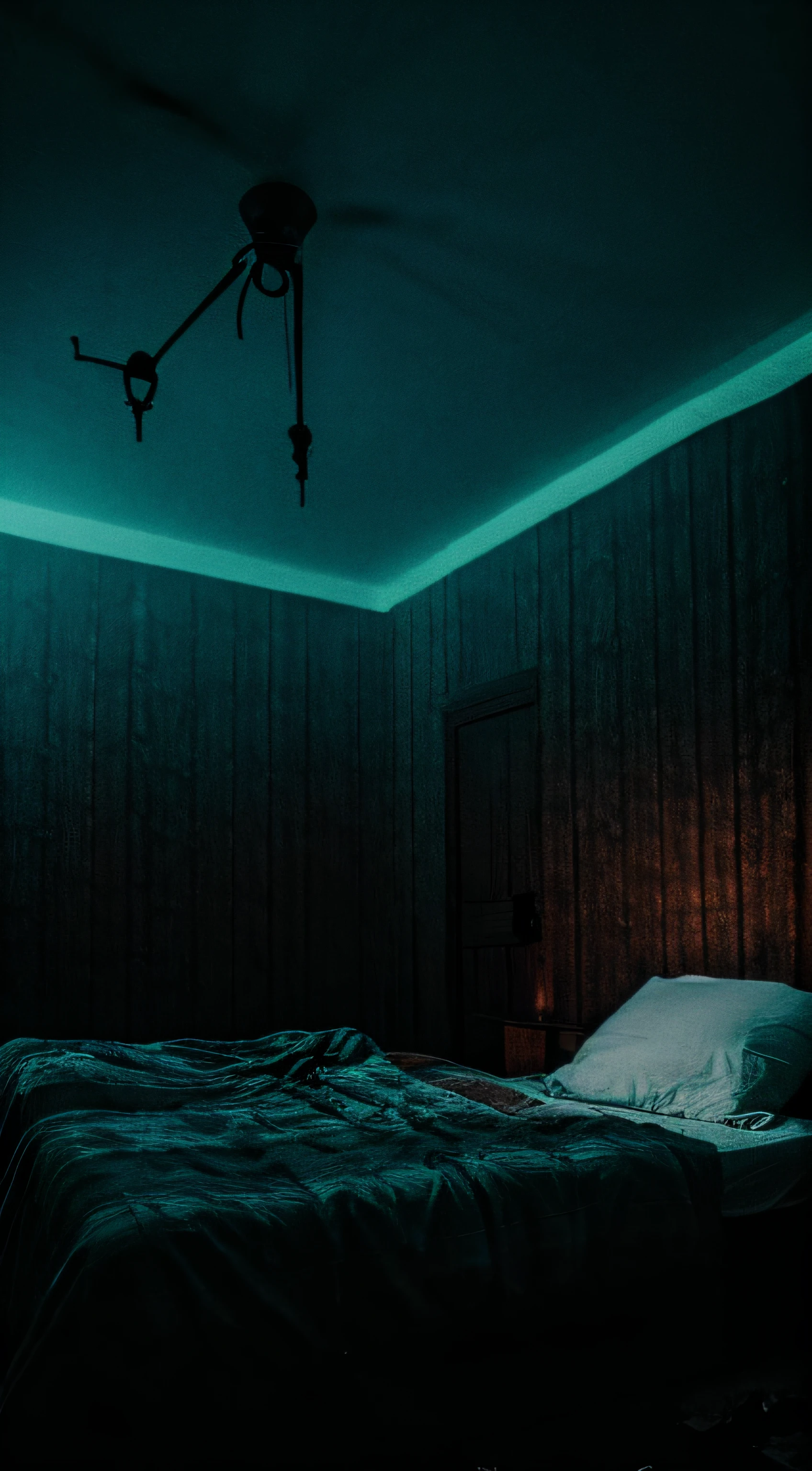 make a background from horror movie with dark colores in a bed room, low light scary bad in the room