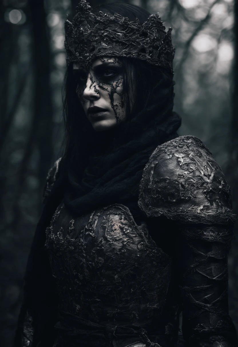 Beautiful female knight without armor on her face, wandering through a dark forest
