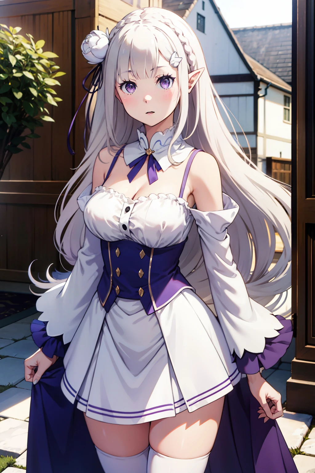 1girl, solo, Emilia, emilia_\(re:zero\), long hair, silver hair, blunt bangs, braid, hair ornament, hair flower, hair ribbon, purple ribbon, purple eyes, blush, low-tied long hair, elf, dress, bare shoulders, detached sleeves, wide sleeves, cleavage, pleated skirt, thighhights, white legwear, white shoes, outdoors, (masterpiece:1.2), highres, best quality, 8k, very clear,