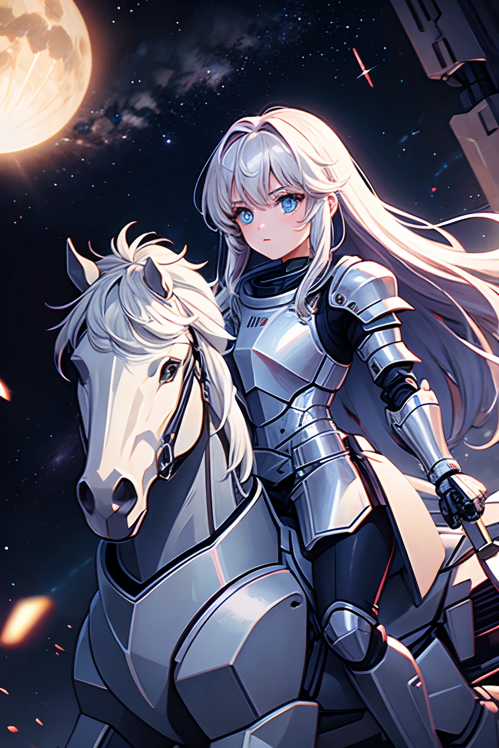 1girl, space, knight, armour, light hair, on robot horse,